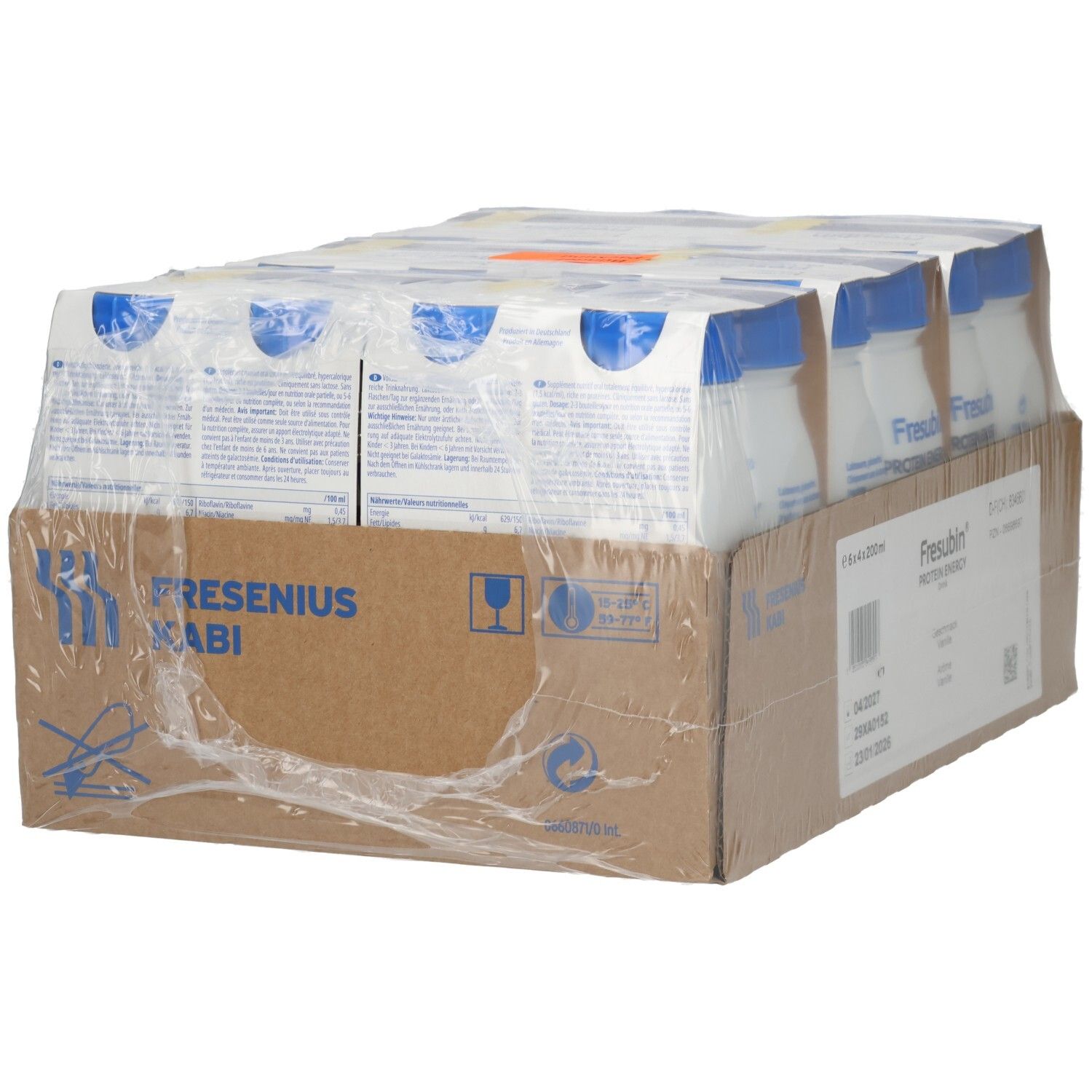 Rückseite einer Kartonverpackung mit sechs Flaschen Fresubin Protein Energy Drink Vanille.