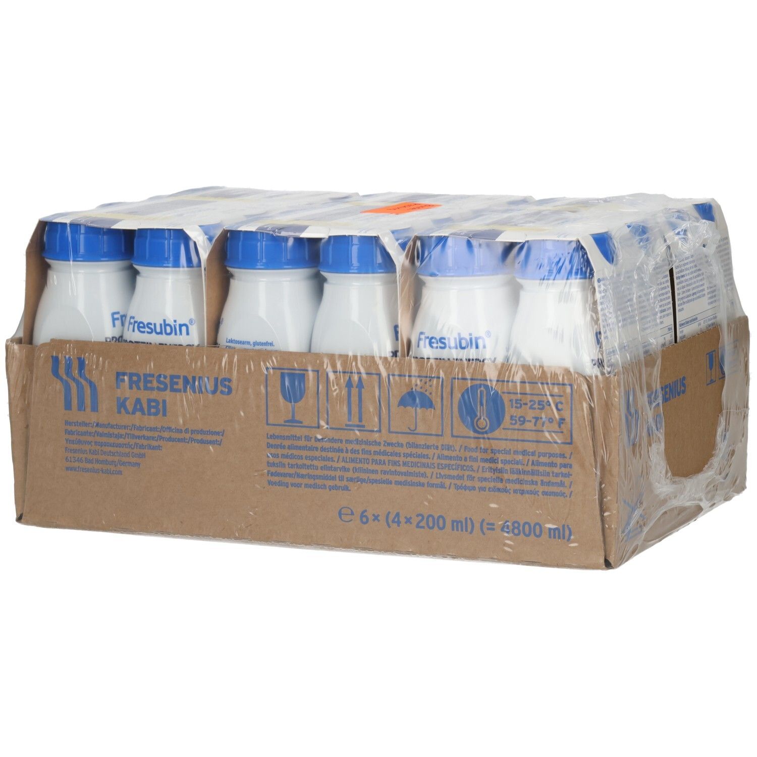 Kartonverpackung mit sechs Flaschen Fresubin Protein Energy Drink Vanille, von der Seite gezeigt.