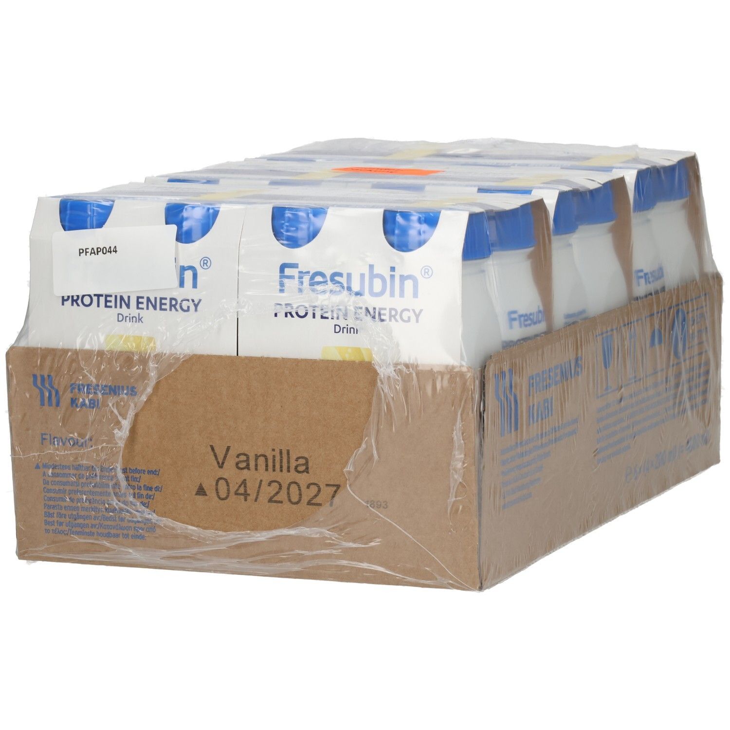 Vorderseite einer Kartonverpackung mit sechs Flaschen Fresubin Protein Energy Drink Vanille.