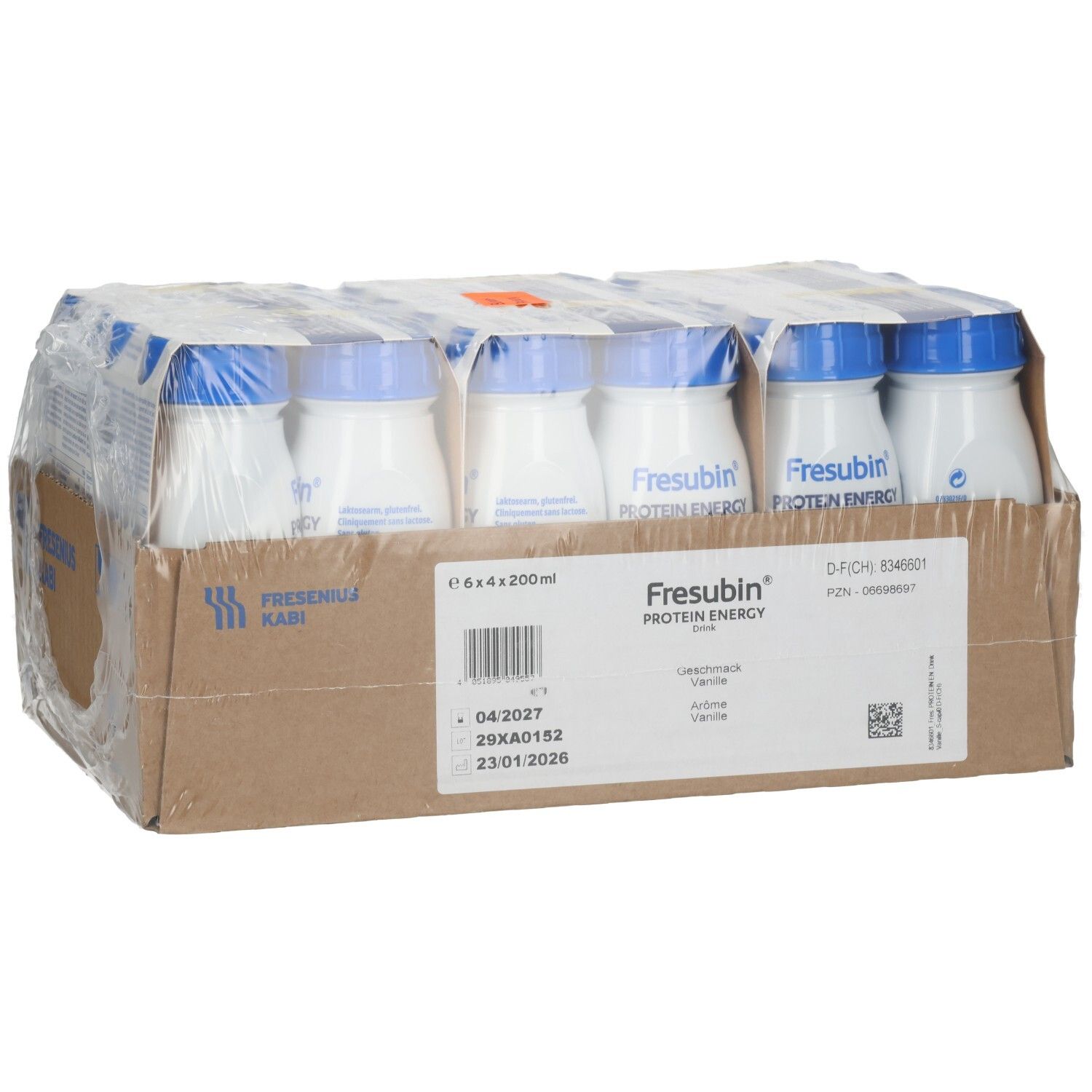 Kartonverpackung mit sechs Flaschen Fresubin Protein Energy Drink Vanille, leicht schräg von vorne.