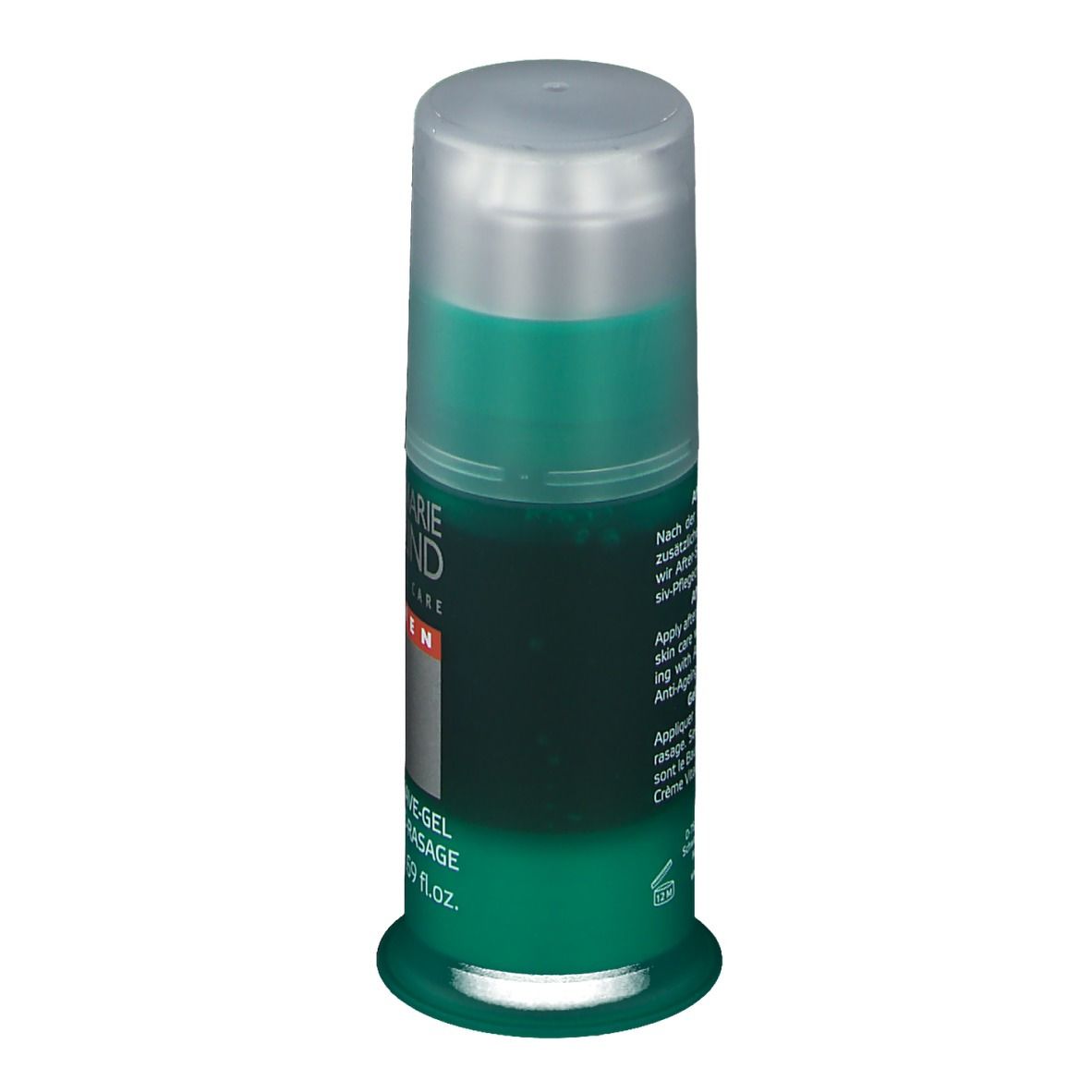Grüne Flasche mit After-Shave-Gel. Silberner Deckel. Text: After-Shave-Gel, Massage.