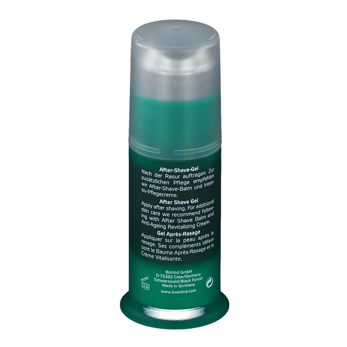 Grüne Flasche After-Shave-Gel. Silberner Deckel. Text: After-Shave-Gel, Anwendungshinweise.