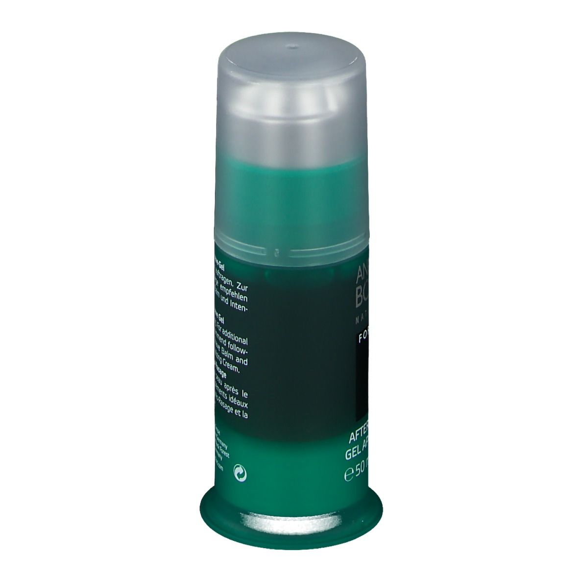 Grüne Flasche After-Shave-Gel. Silberner Deckel. Text: After-Shave-Gel, BÖRLIND, FOR MEN.