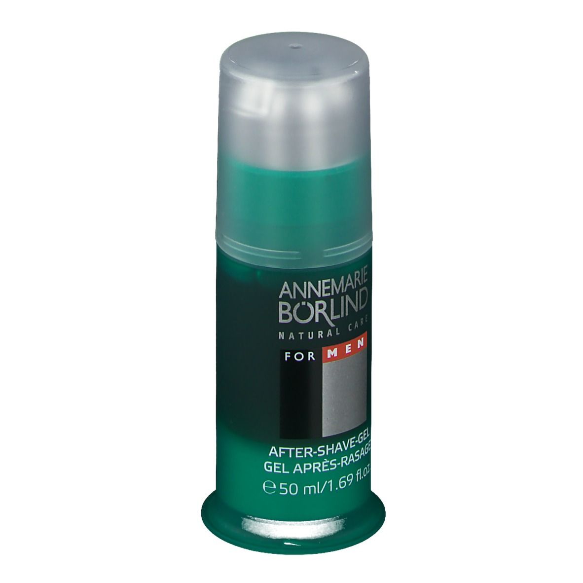 Grüne Flasche After-Shave-Gel. Silberner Deckel. Text: BÖRLIND, FOR MEN, 50 ml.