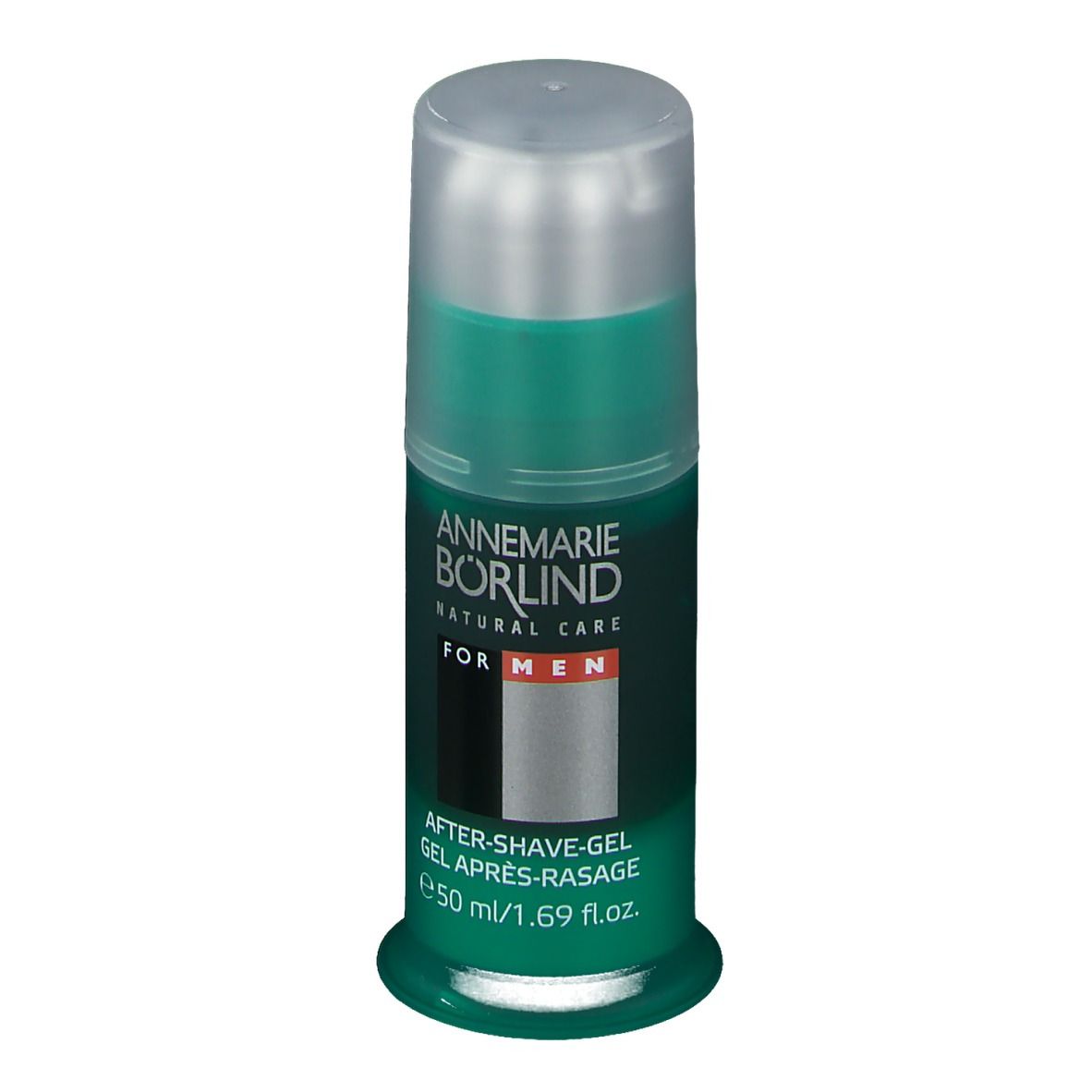 Grüne Flasche After-Shave-Gel. Silberner Deckel. Text: BÖRLIND, FOR MEN, 50 ml.