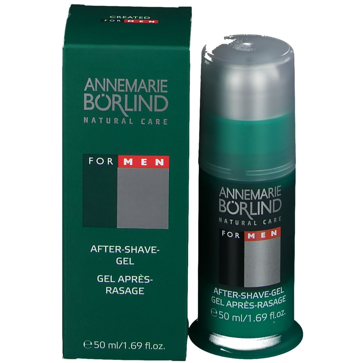 Grüne Schachtel und Flasche After-Shave-Gel. Text: BÖRLIND, FOR MEN, 50 ml.