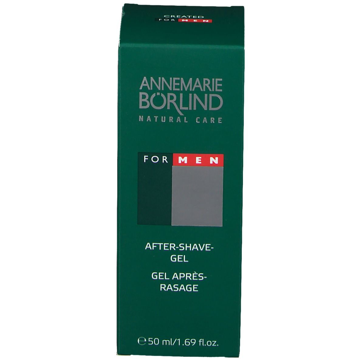Grüne Schachtel After-Shave-Gel. Text: BÖRLIND, FOR MEN, 50 ml.