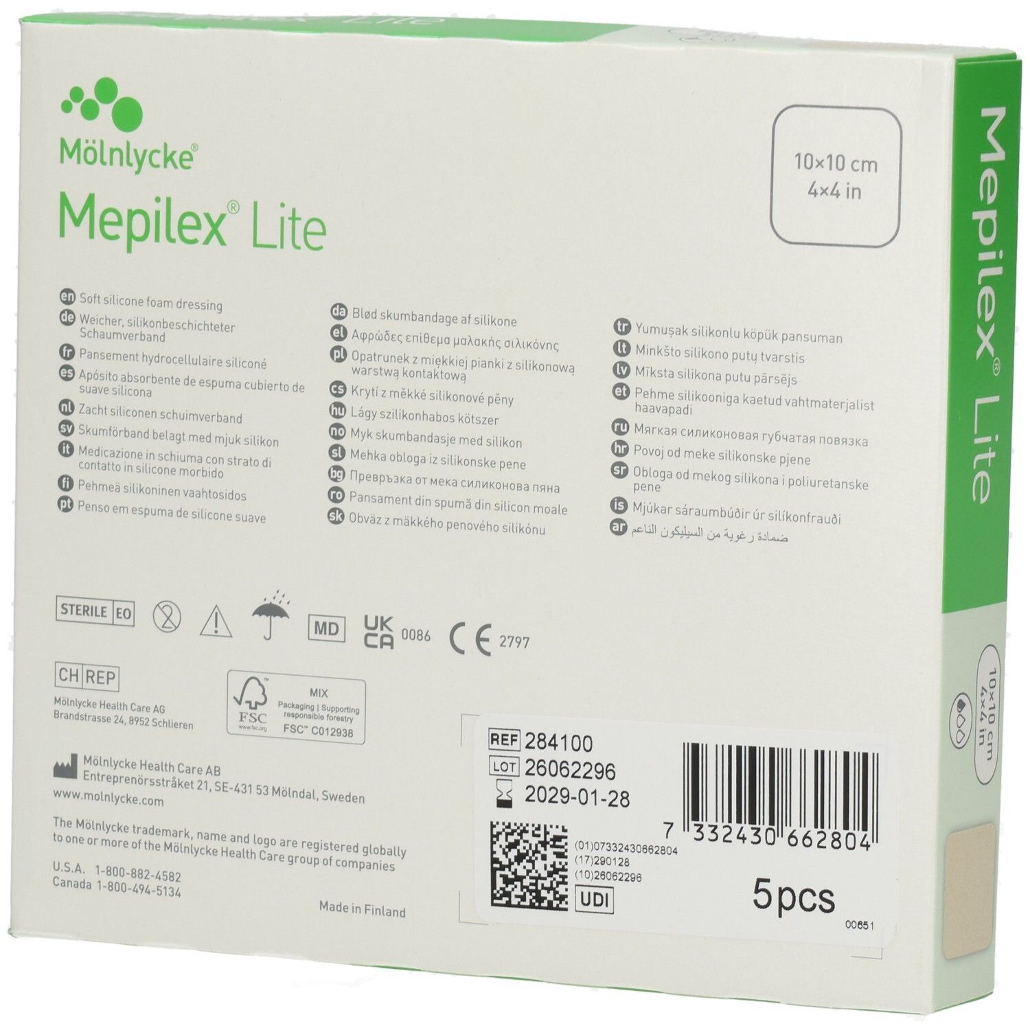 Rückseite der MEPILEX LITE 10x10cm Verpackung mit Produktinformationen und CE-Zeichen.