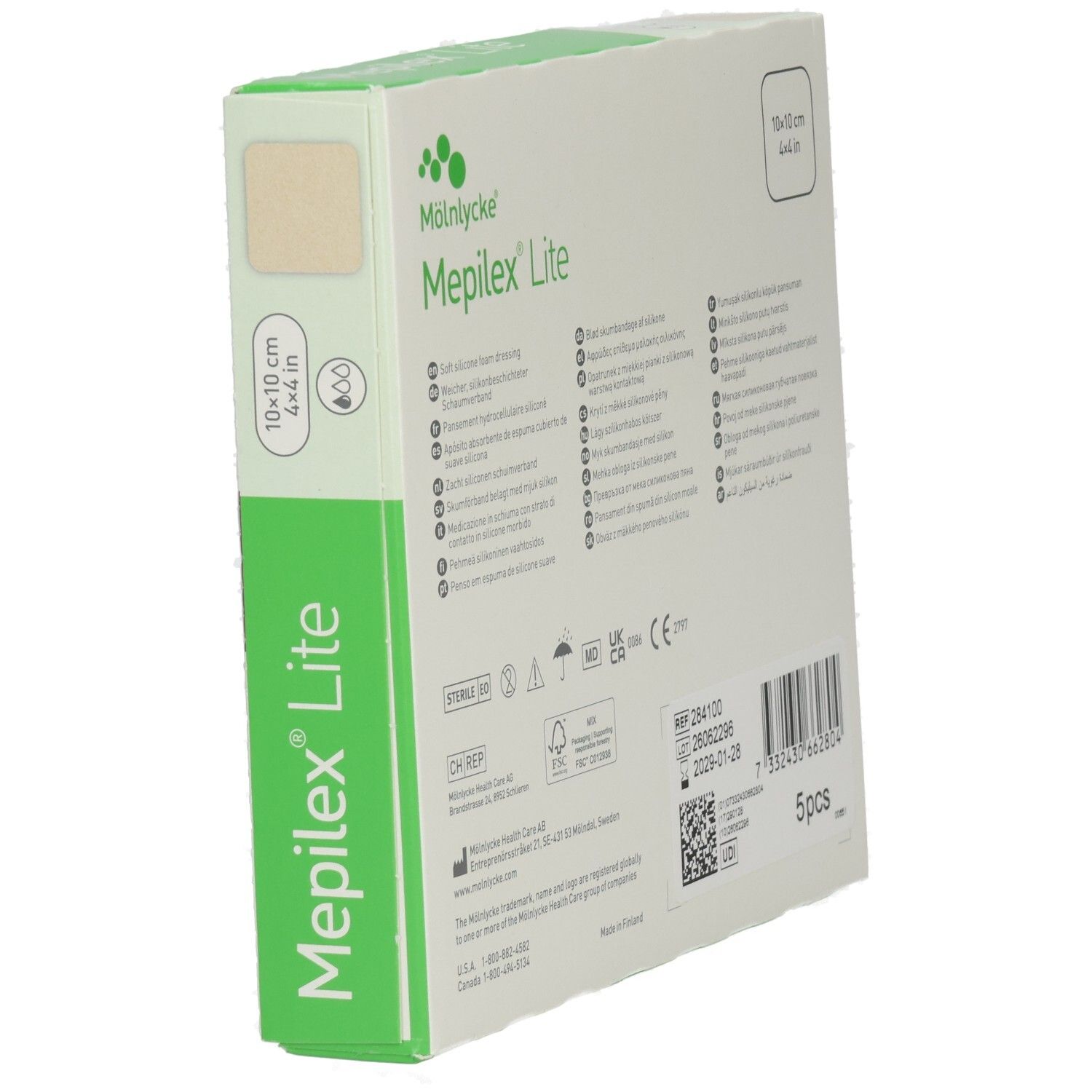 Seite der MEPILEX LITE 10x10cm Verpackung mit Produktinformationen und CE-Zeichen.