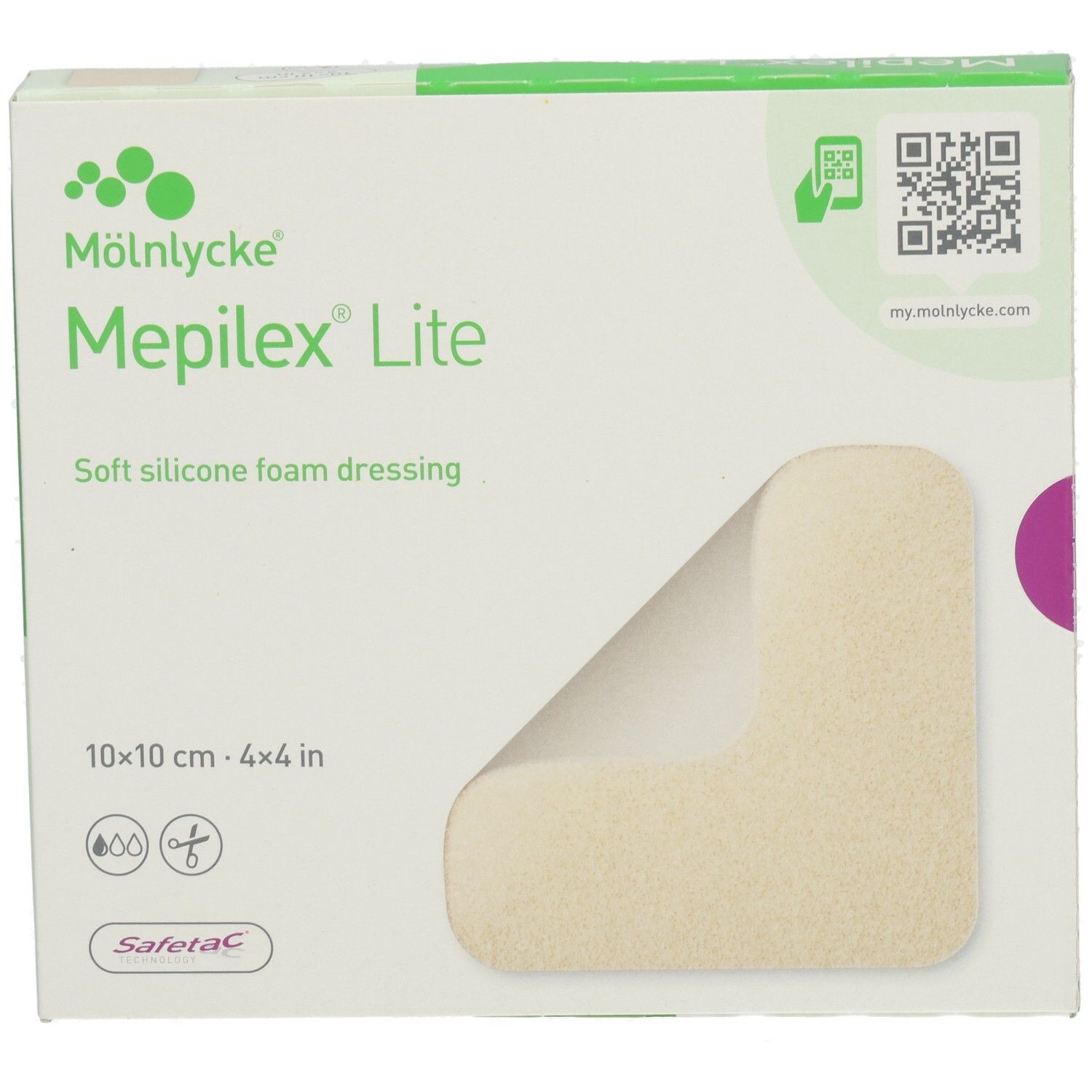 MEPILEX LITE 10x10cm Verpackung mit einem weichen Silikon-Schaumverband.