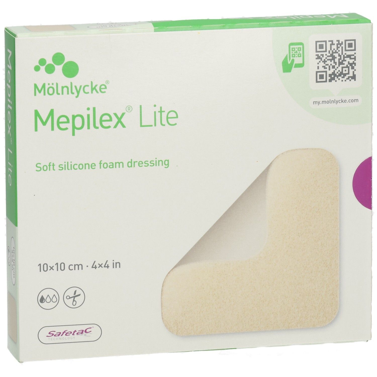 MEPILEX LITE 10x10cm Verpackung mit einem weichen Silikon-Schaumverband.