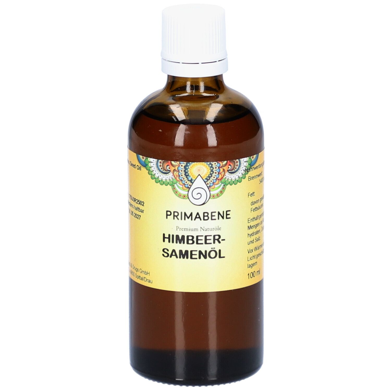 Braune Glasflasche mit weißem Deckel. Auf dem Etikett steht PRIMABENE HIMBEERSAMENÖL. Gelbes Etikett mit Produktinformationen.