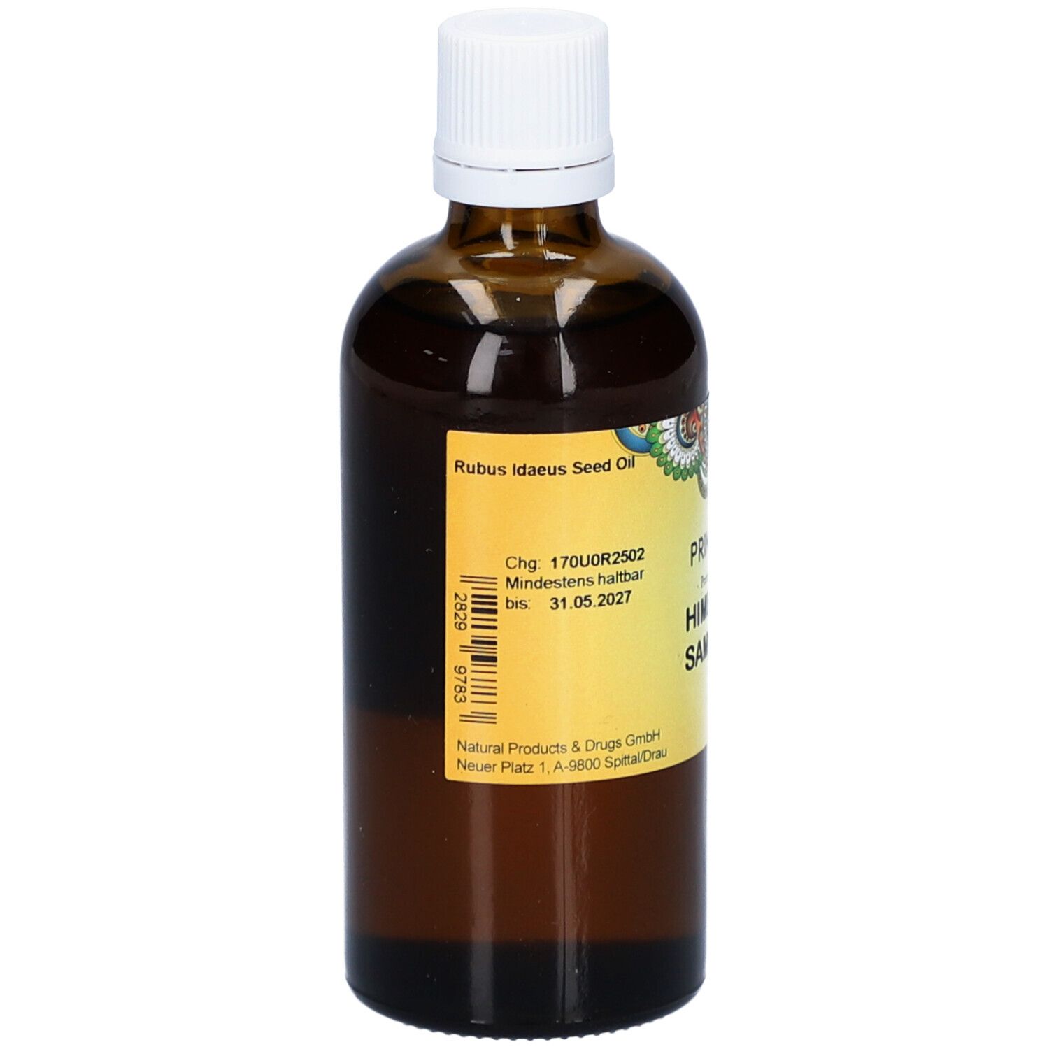 Braune Glasflasche mit weißem Deckel. Rückseite mit Etikett. Text: Rubus Idaeus Seed Oil. Mindestens haltbar bis 31.05.2027.