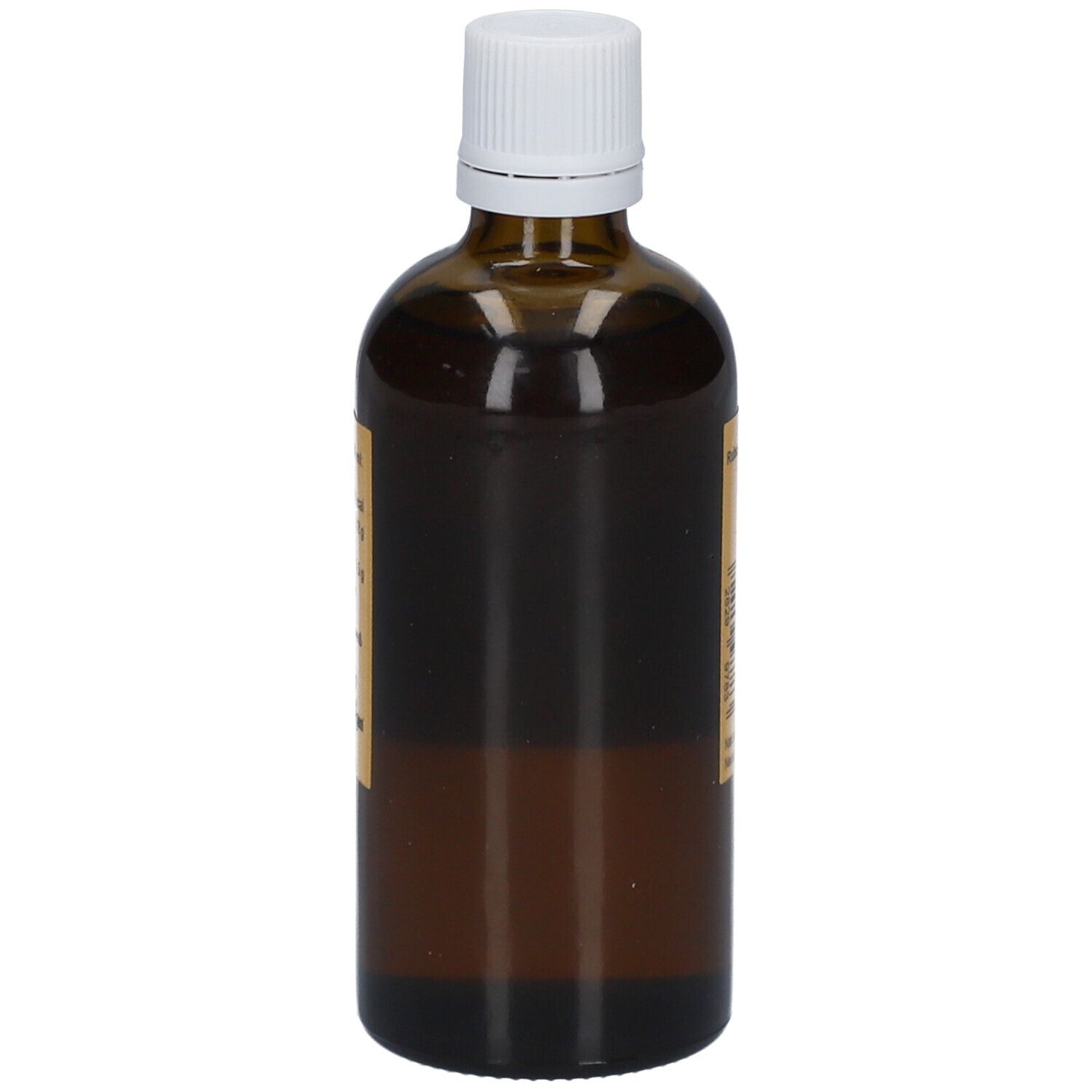 Braune Glasflasche mit weißem Deckel. Seitenansicht. Keine Etiketten sichtbar.