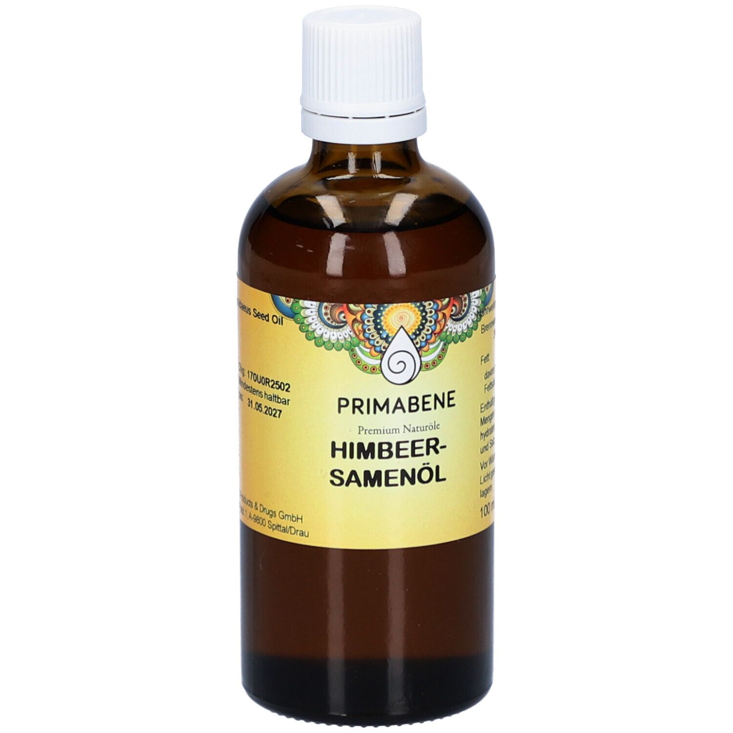 Braune Glasflasche mit weißem Deckel. Auf dem Etikett steht PRIMABENE HIMBEERSAMENÖL. Gelbes Etikett mit Produktinformationen.