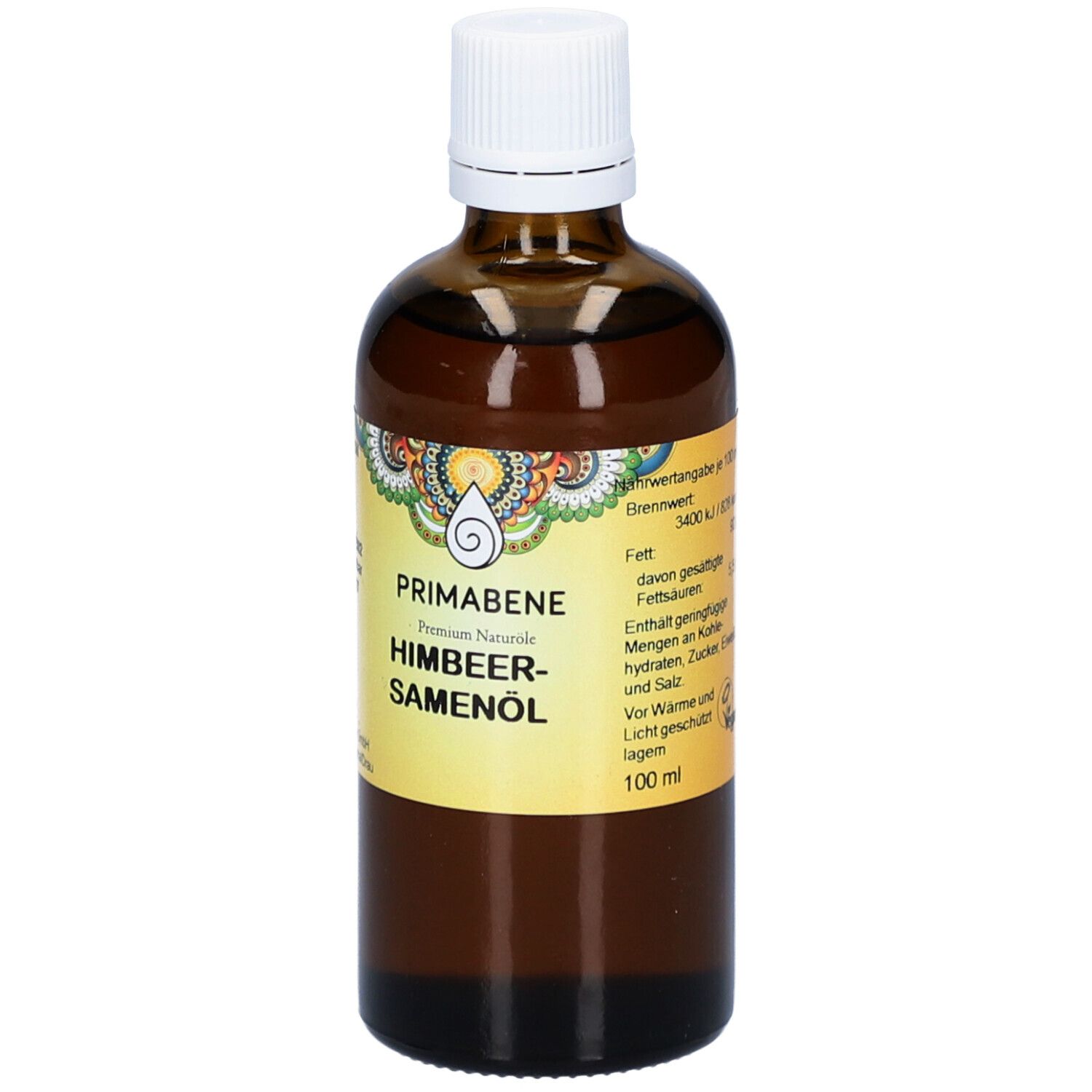 Braune Glasflasche mit weißem Deckel. Auf dem Etikett steht PRIMABENE HIMBEERSAMENÖL. Gelbes Etikett mit Produktinformationen. 100 ml.