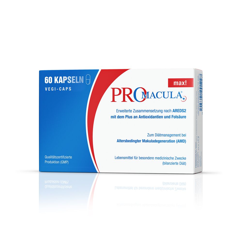 Blau-weiße Schachtel mit "PROMACULA max". Enthält 60 Kapseln. Aufschrift: "Erweiterte Zusammensetzung nach AREDS2".
