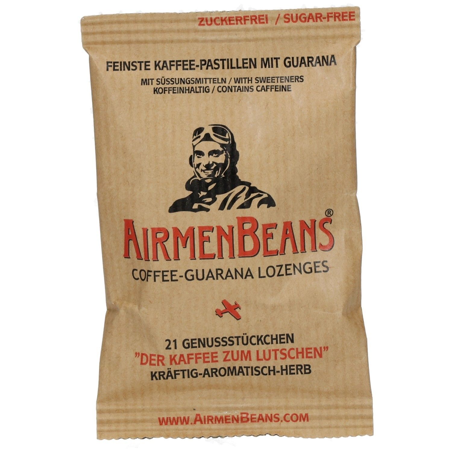 Braune Packung Airmenbeans Kaffee-Guarana Pastillen. Aufdruck mit Logo, Bild eines Piloten, Text und rotem Flugzeugsymbol.