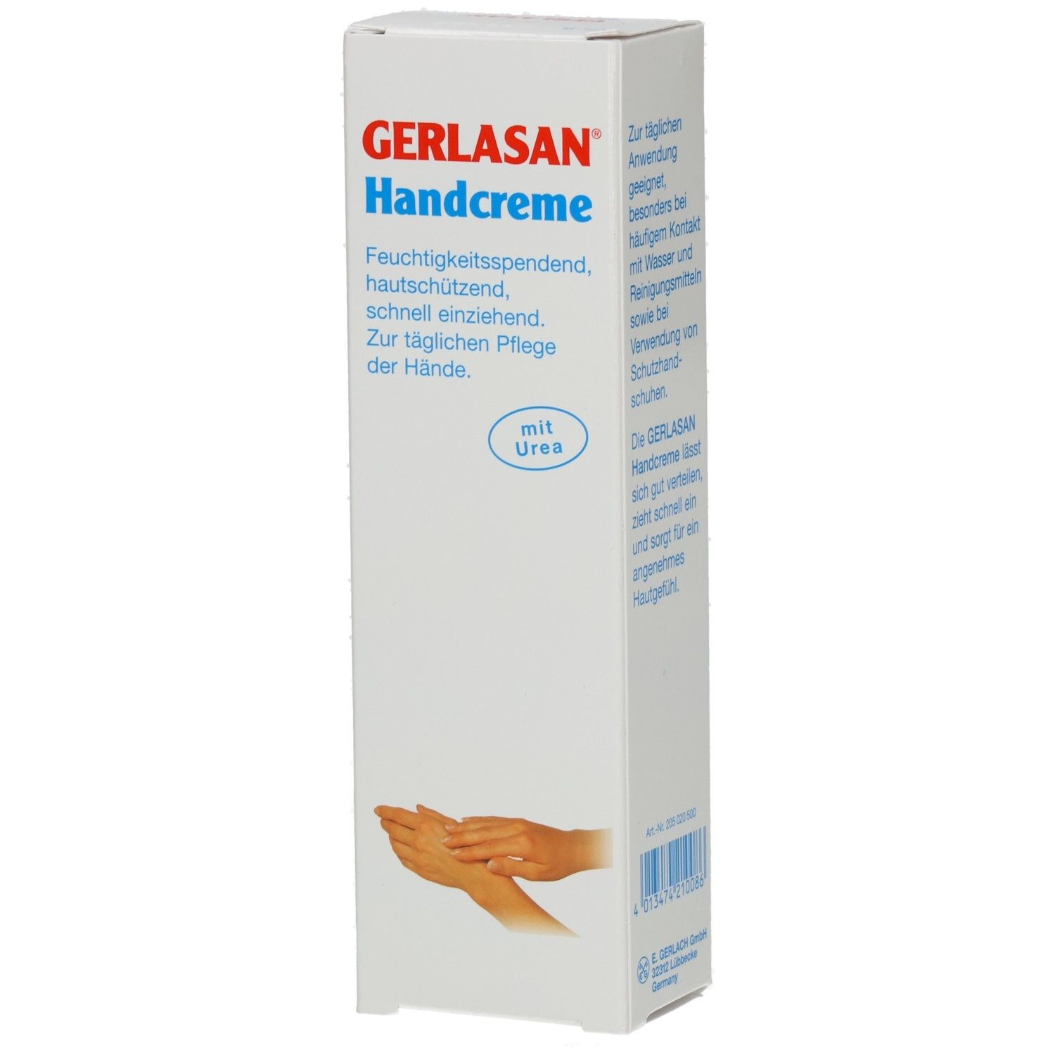 Weiße Verpackung mit GERLASAN Handcreme-Logo. Text: Feuchtigkeitsspendend, hautschützend, schnell einziehend. Mit Urea. Abbildung von Händen.