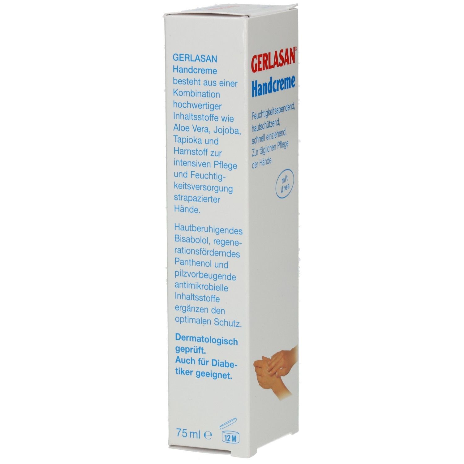 Weiße Verpackung mit GERLASAN Handcreme. Text: Hochwertige Inhaltsstoffe wie Aloe Vera, Jojoba, Tapioka und Harnstoff. Dermatologisch geprüft. 75 ml.