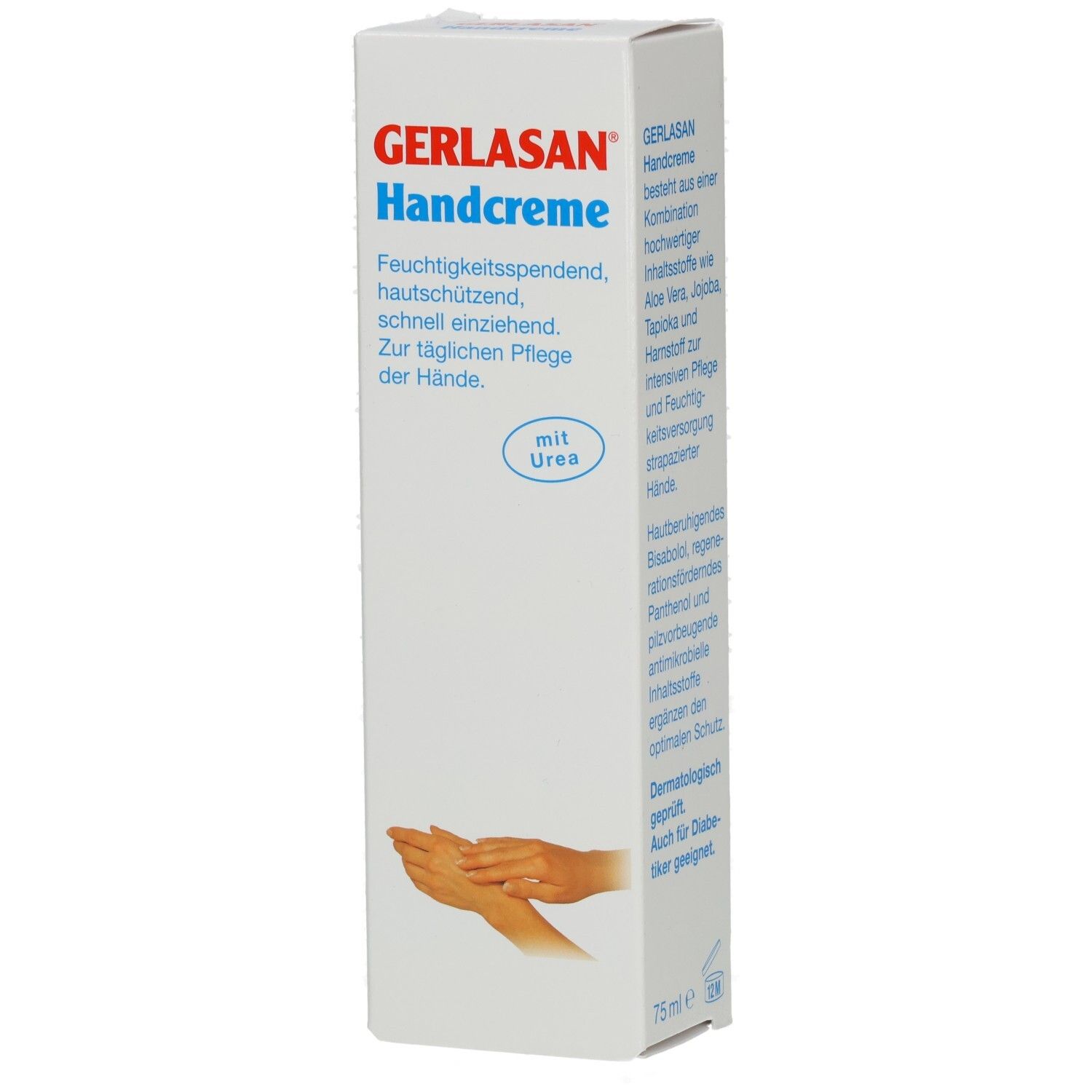 Weiße Verpackung mit GERLASAN Handcreme-Logo. Text: Feuchtigkeitsspendend, hautschützend, schnell einziehend. Mit Urea. Abbildung von Händen.