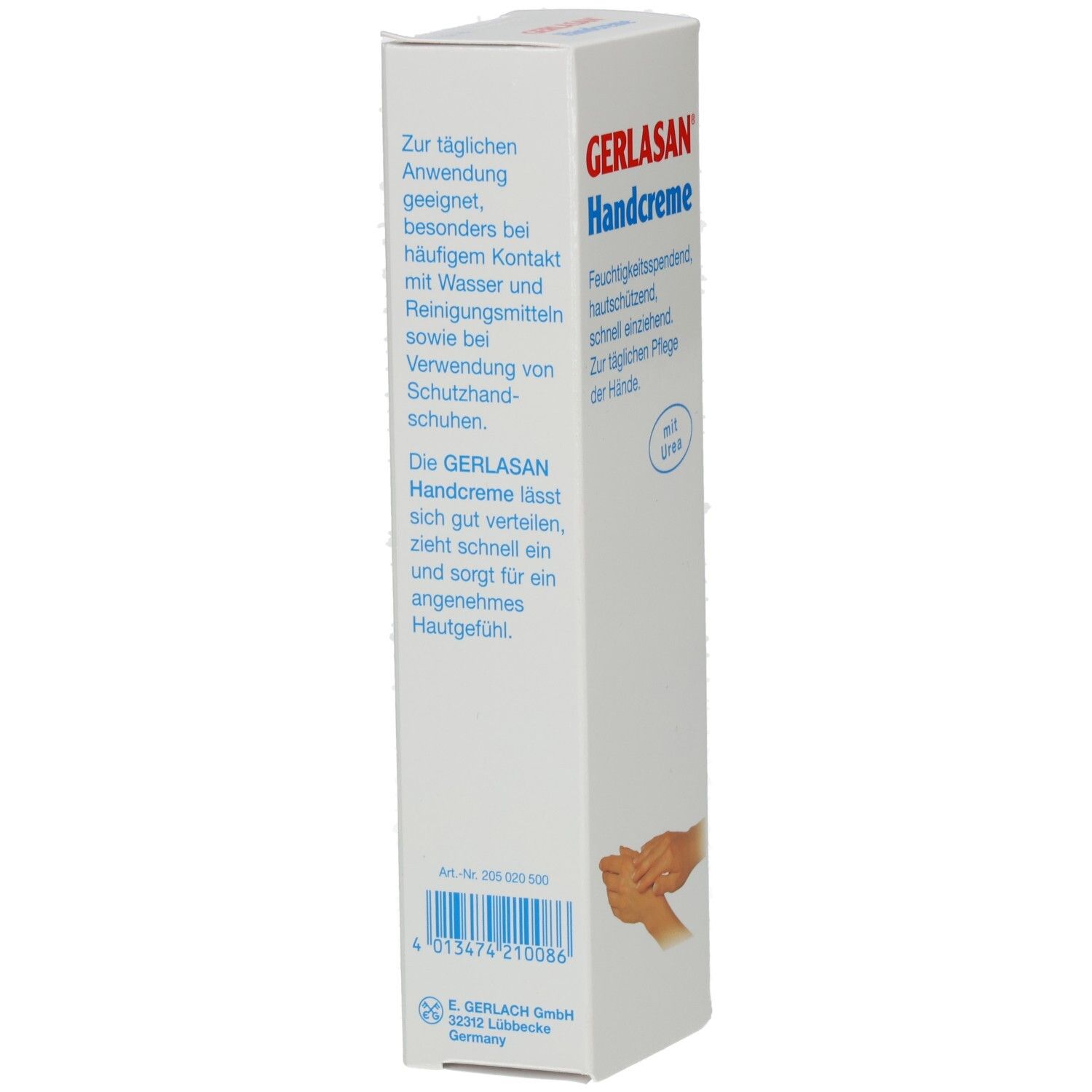 Weiße Verpackung mit GERLASAN Handcreme. Text: Für tägliche Anwendung. Abbildung von Händen. Barcode und Herstellerinformationen.