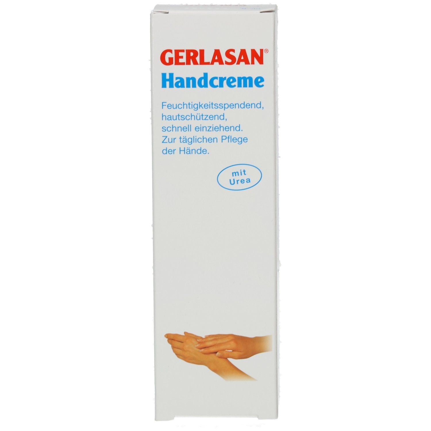 Weiße Verpackung mit GERLASAN Handcreme-Logo. Text: Feuchtigkeitsspendend, hautschützend, schnell einziehend. Mit Urea. Abbildung von Händen.