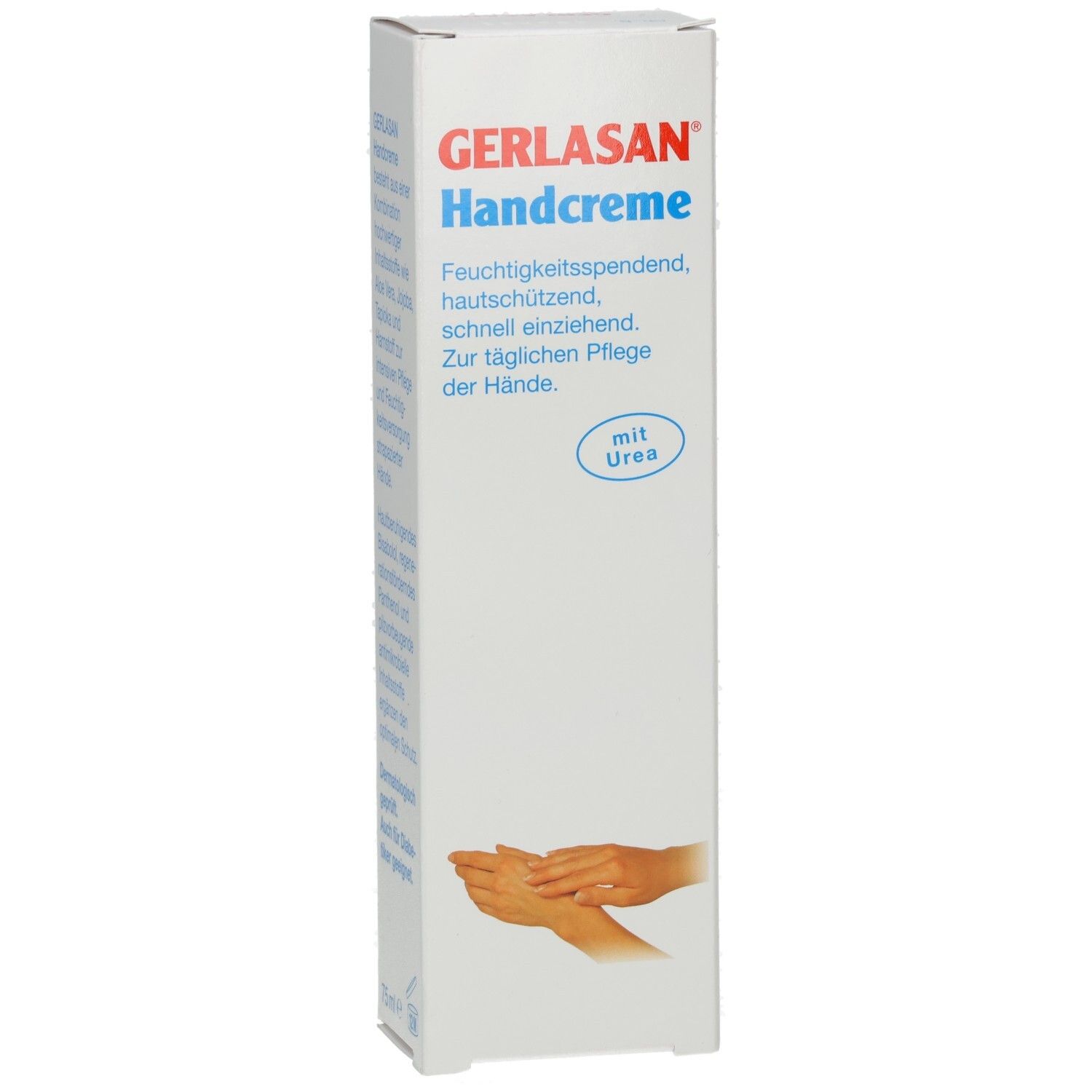 Weiße Verpackung mit GERLASAN Handcreme-Logo. Text: Feuchtigkeitsspendend, hautschützend, schnell einziehend. Mit Urea. Abbildung von Händen.