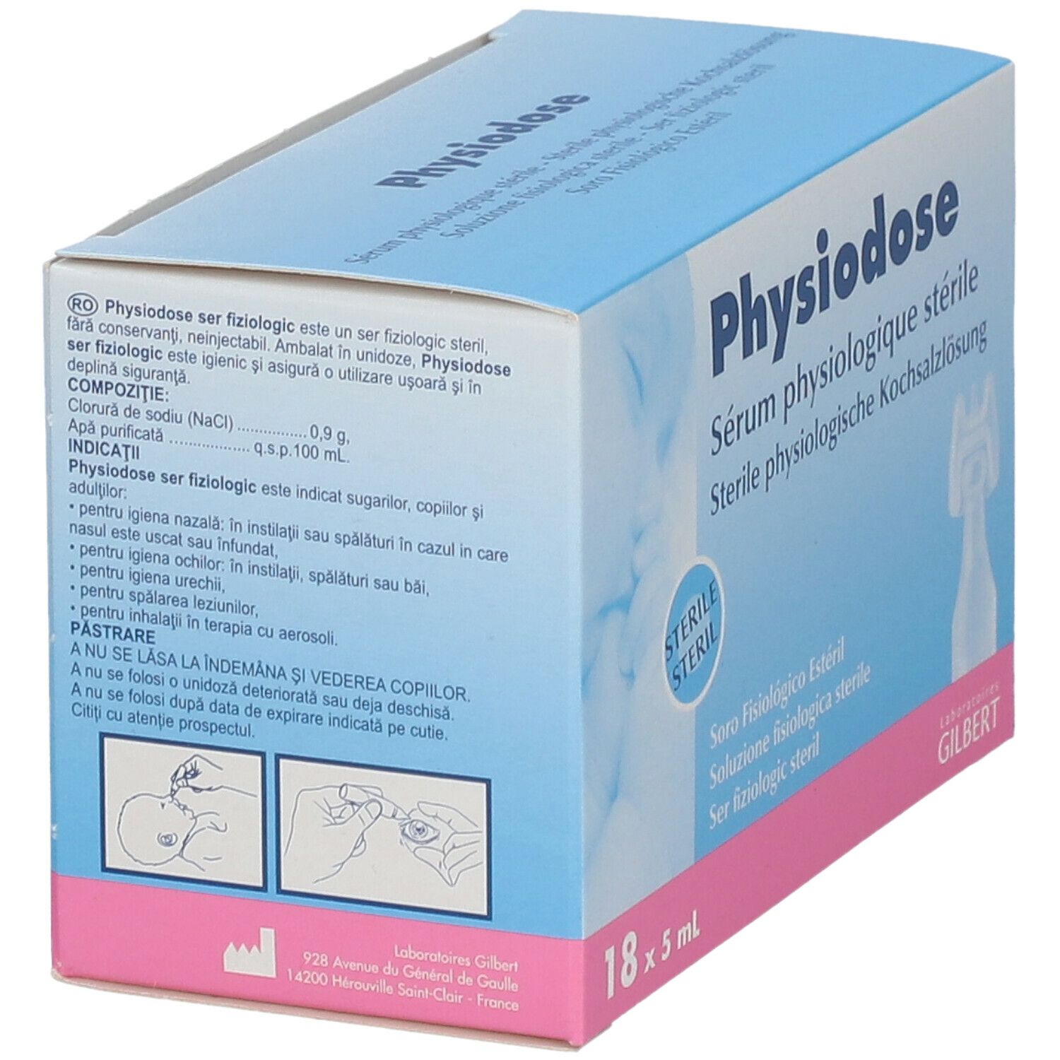 Schachtel "Physiodose" mit Texten in mehreren Sprachen. Enthält 18 Ampullen. Aufdruck: "Sérum physiologique stérile".
