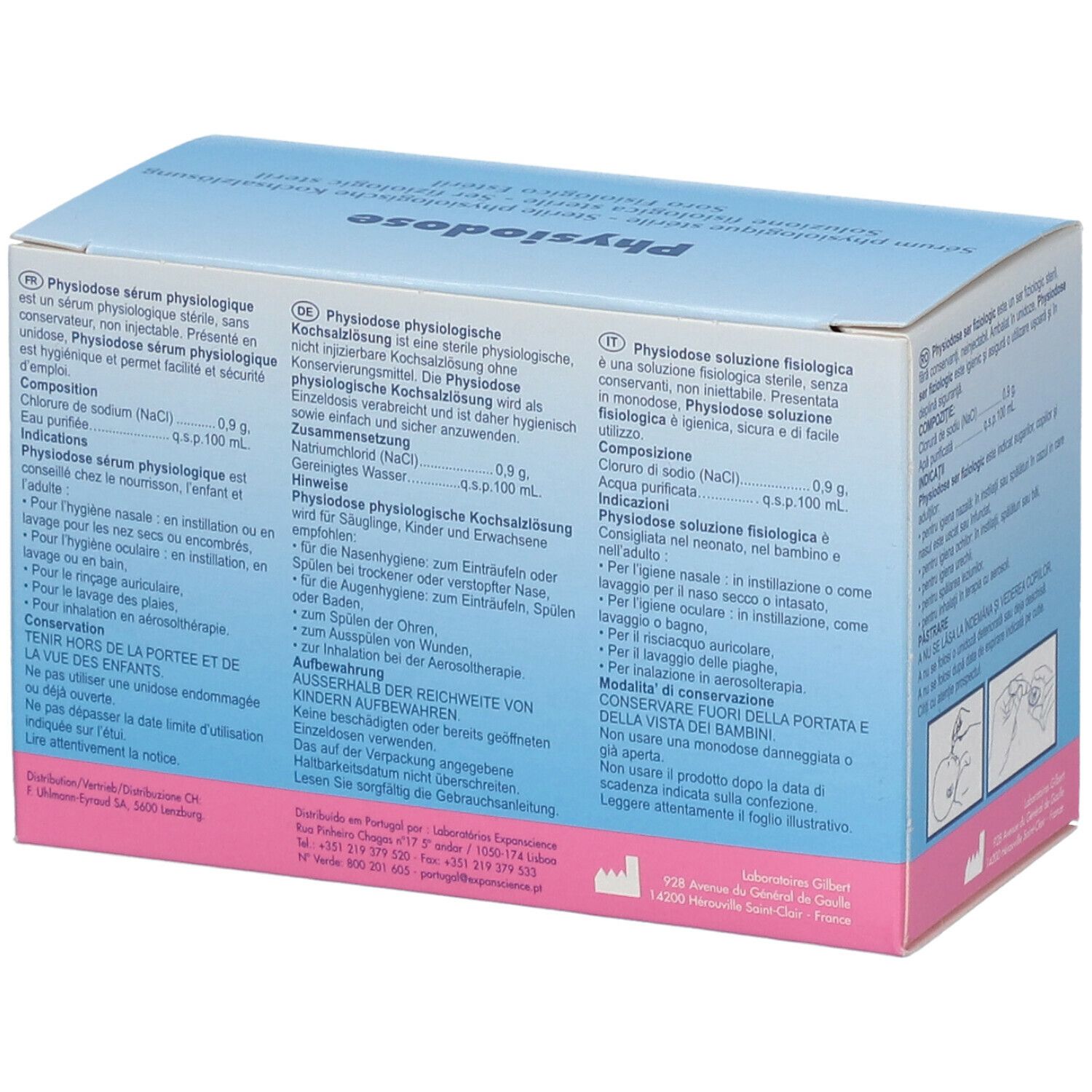 Schachtel "Physiodose" mit Texten in mehreren Sprachen. Enthält 18 Ampullen. Aufdruck: "Sérum physiologique stérile".