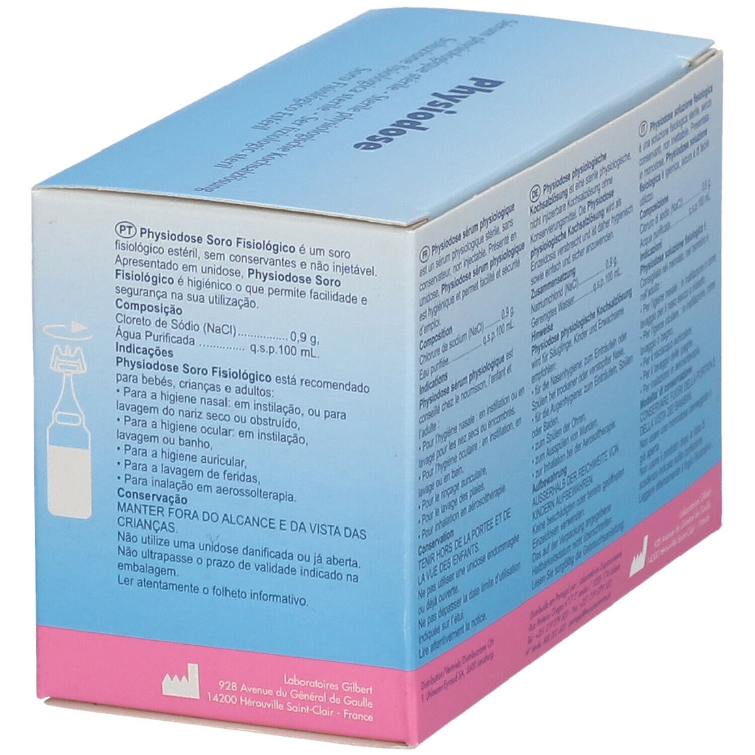 Schachtel "Physiodose" mit Texten in mehreren Sprachen. Enthält 18 Ampullen. Aufdruck: "Sérum physiologique stérile".