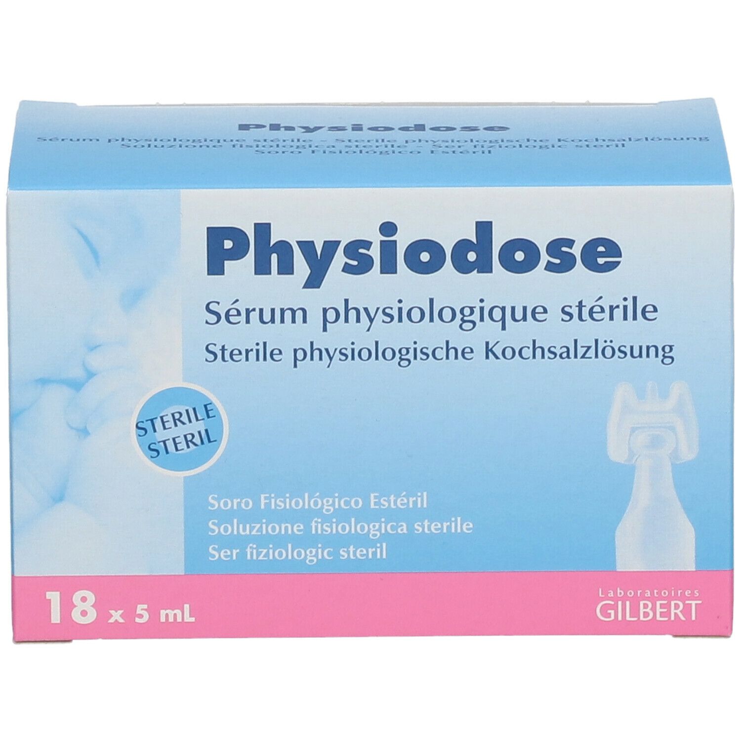 Blau-weiße Schachtel "Physiodose". Enthält 18 Ampullen. Aufdruck: "Sérum physiologique stérile". Logo: Laboratoires Gilbert.