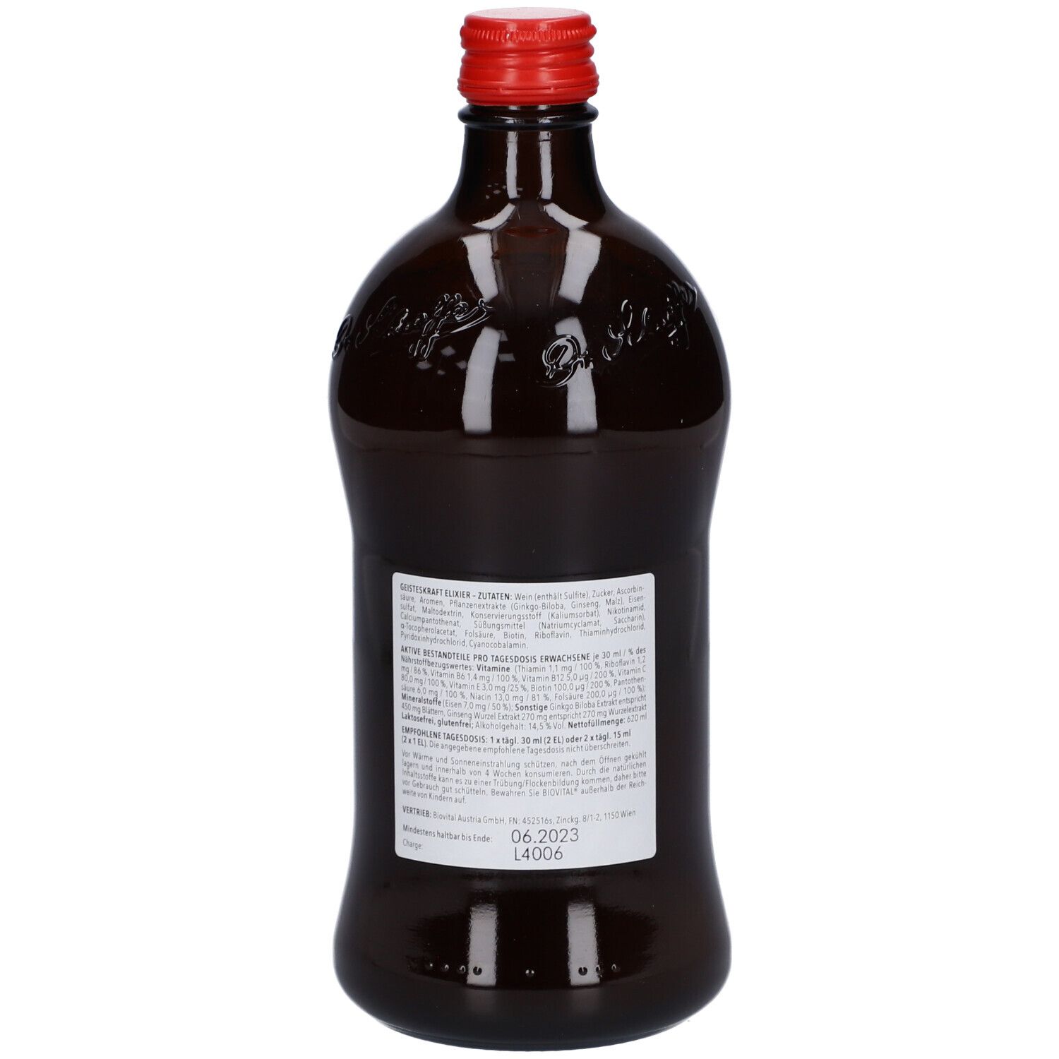 Braune Glasflasche mit rotem Deckel. Rückseite mit weißem Etikett und Text. Flaschenform mit Prägung.