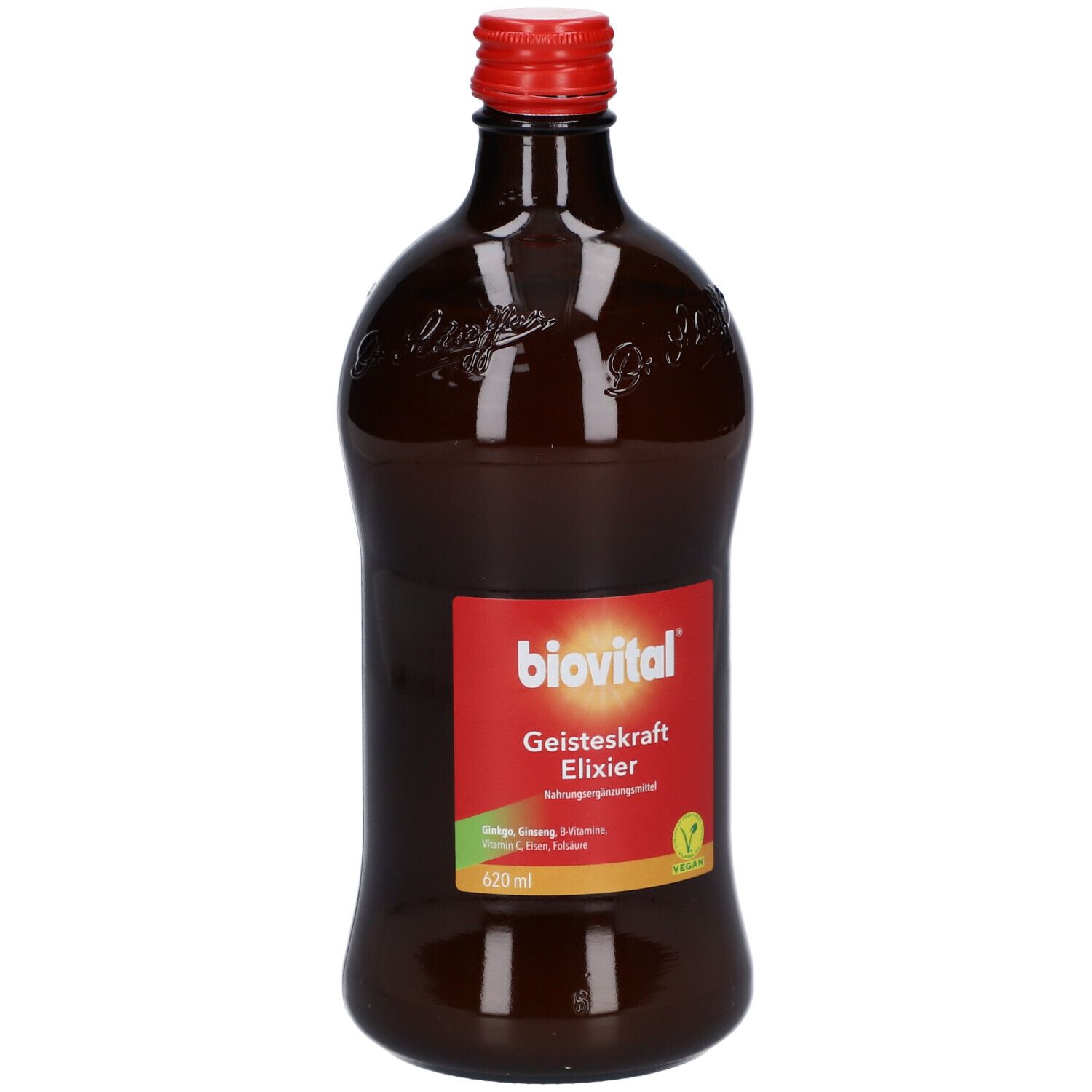 Braune Glasflasche mit rotem Deckel. Rotes Etikett mit "biovital Geisteskraft Elixier". Vegan-Siegel.