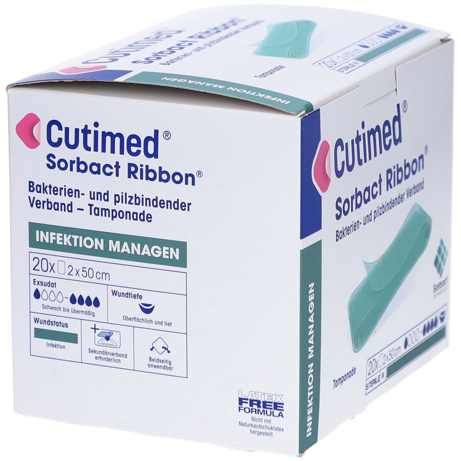 Verpackung von Cutimed Sorbact Ribbon. Produktinformationen und grüne Tamponade. 20x2x50cm.