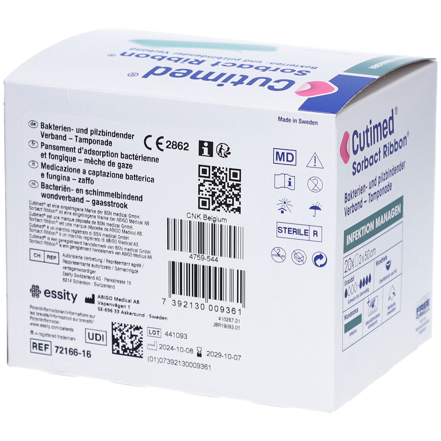 Rückseite der Cutimed Sorbact Ribbon Verpackung. Produktinformationen, QR-Code, und Zertifizierungen.