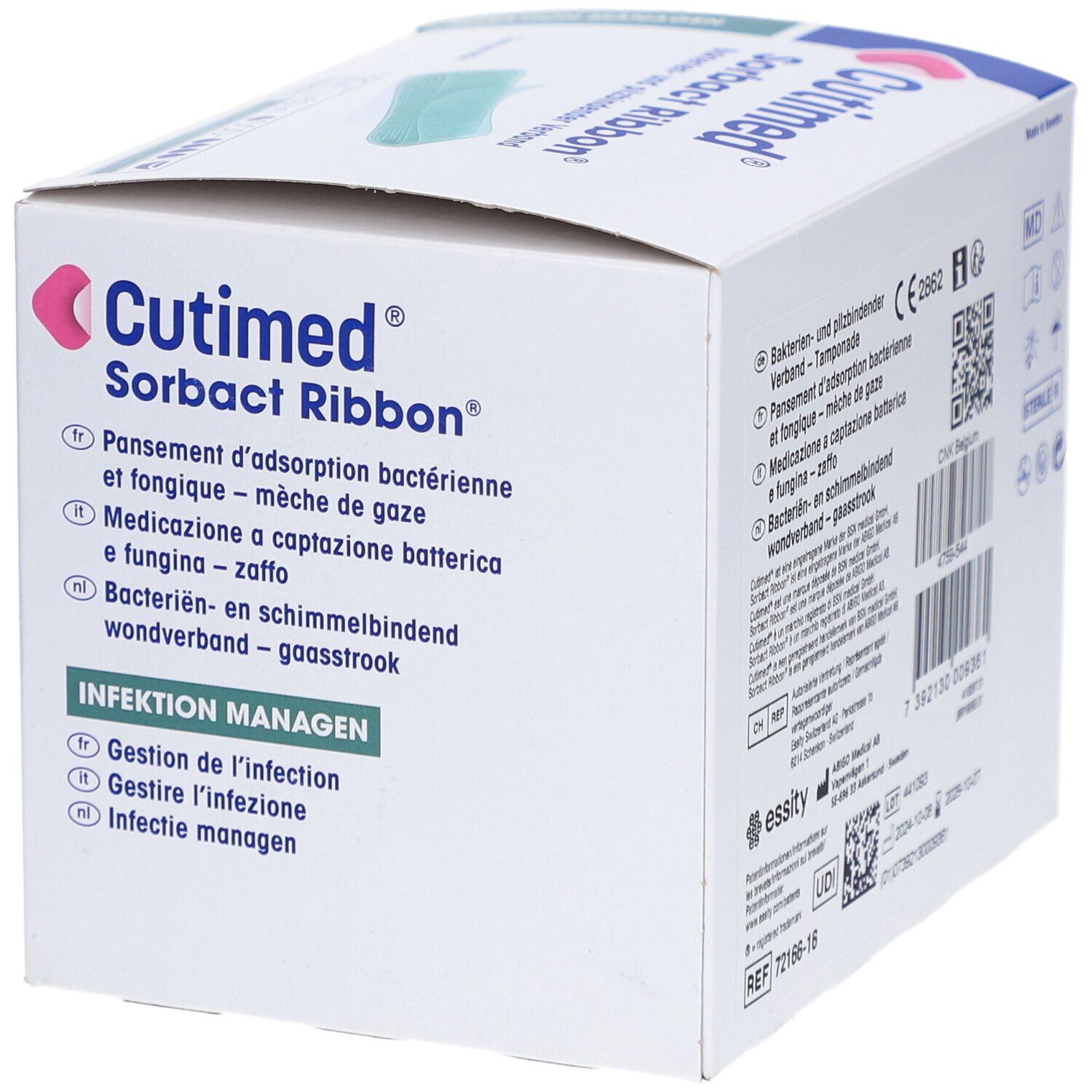 Verpackung von Cutimed Sorbact Ribbon. Produktinformationen und grüne Tamponade. Sterile R.