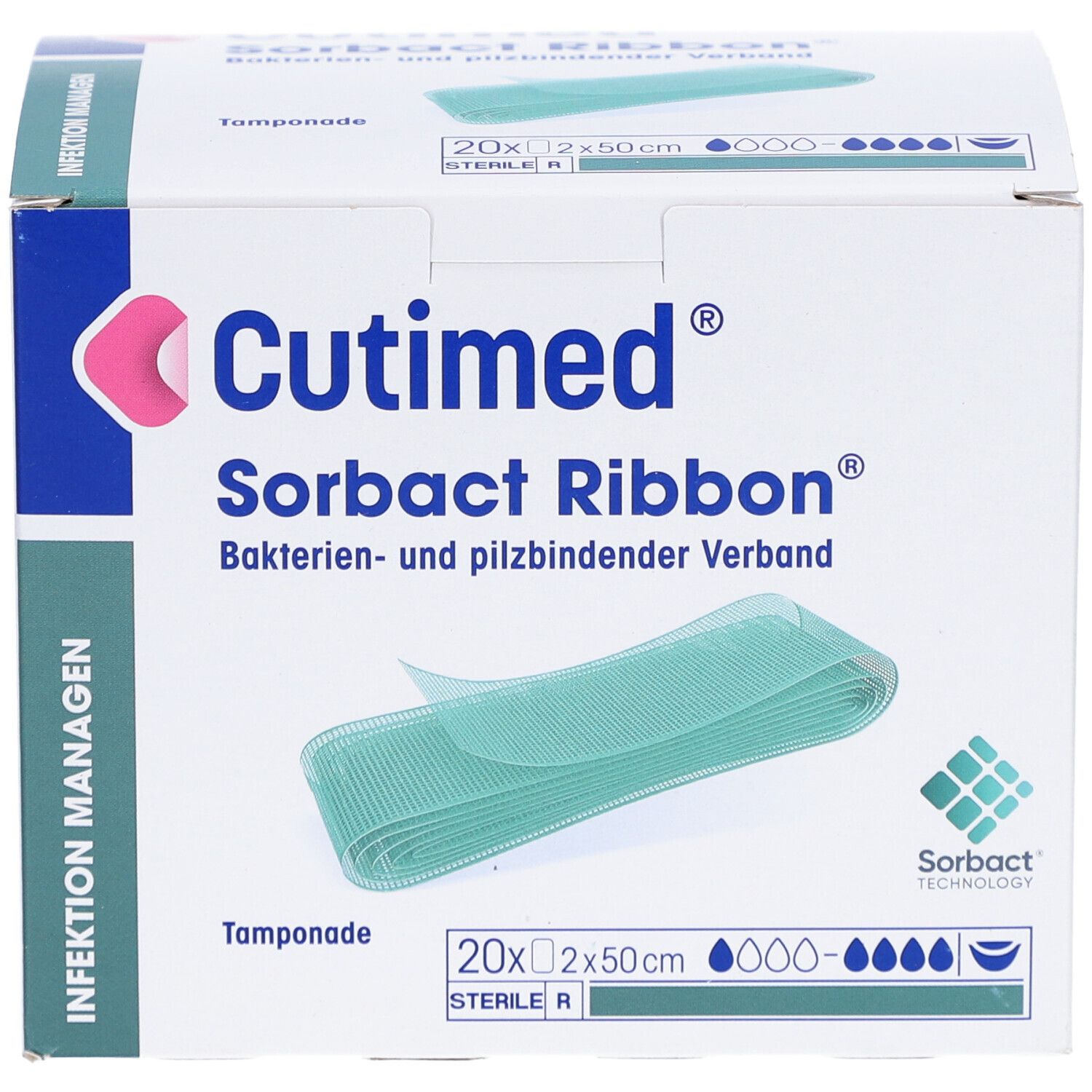 Verpackung von Cutimed Sorbact Ribbon. Grüne Tamponade sichtbar. 20x2x50cm. Sterile R. Sorbact Technology.
