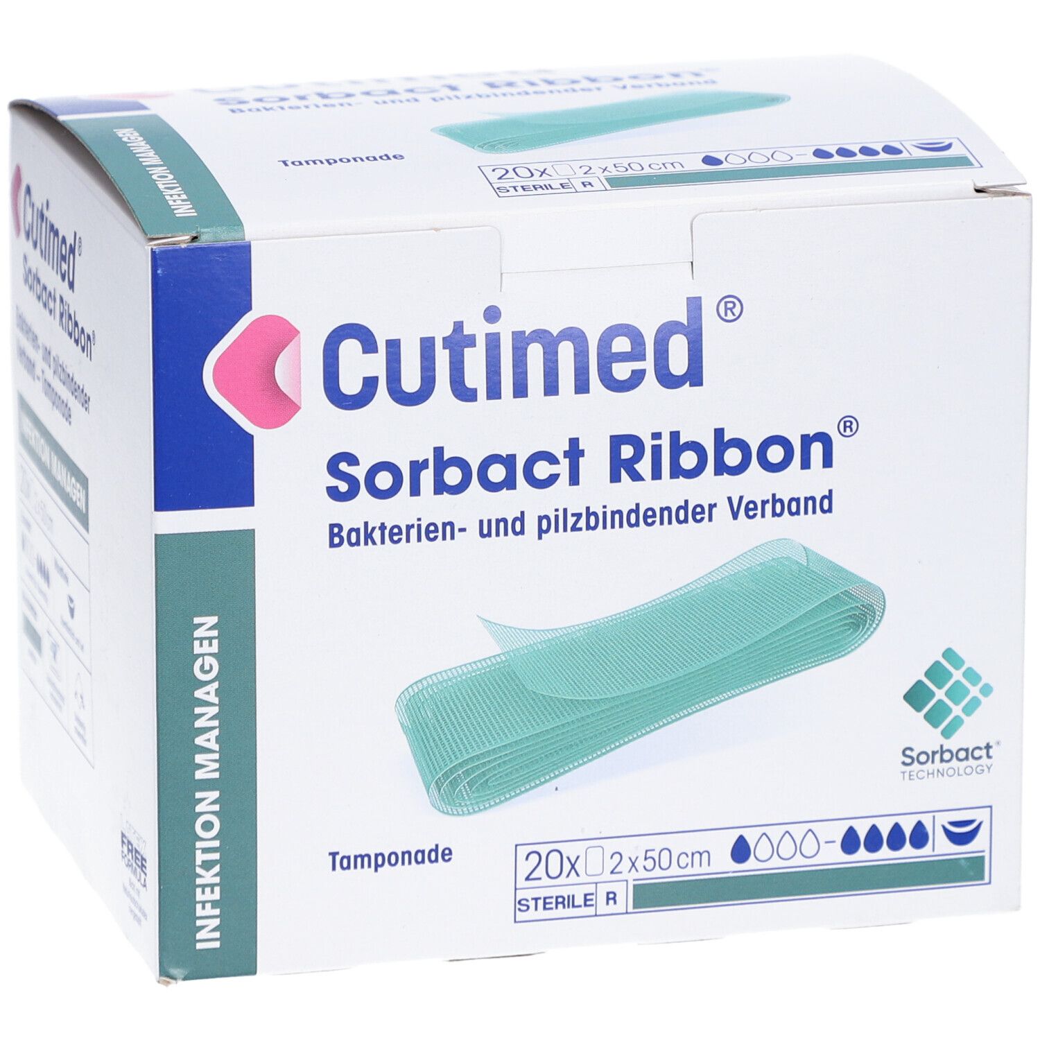 Verpackung von Cutimed Sorbact Ribbon. Grüne Tamponade sichtbar. 20x2x50cm. Sterile R.