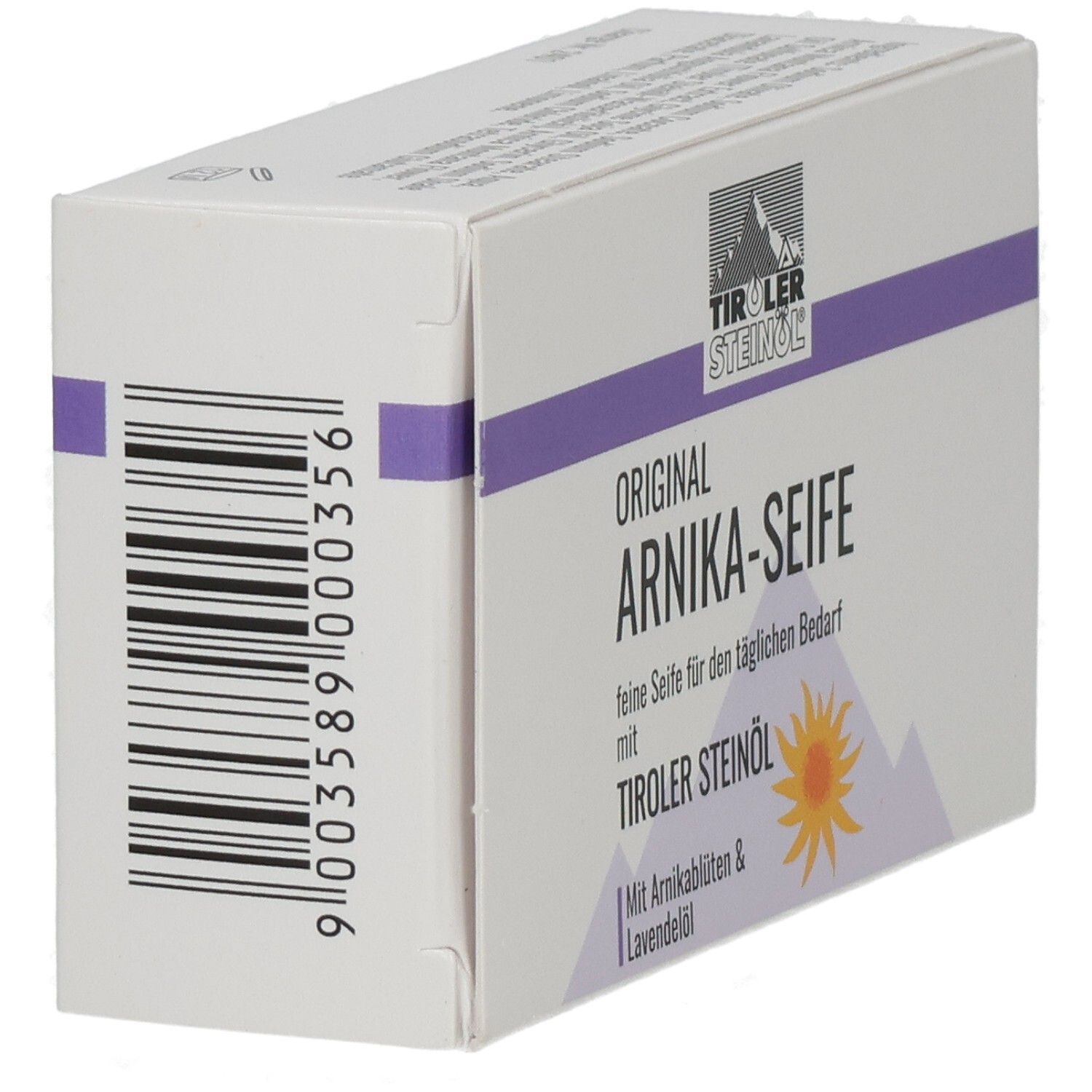 Karton mit Barcode und Aufschrift: ORIGINAL ARNIKA-SEIFE, TIROLER STEINOEL. Mit Arnikablüten & Lavendelöl.