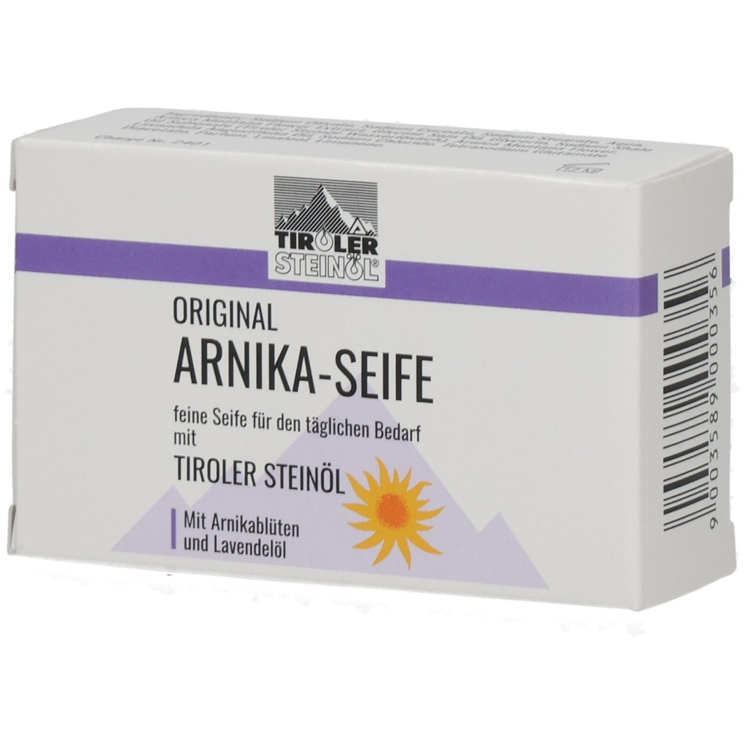 Weißer Karton mit lila Streifen. Aufschrift: ORIGINAL ARNIKA-SEIFE, TIROLER STEINOEL. Mit Arnikablüten & Lavendelöl.