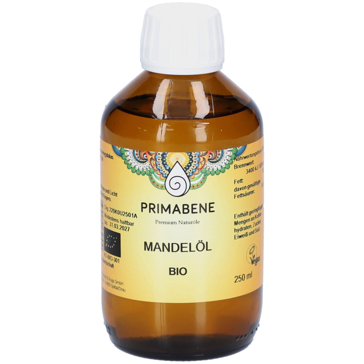 Braune Glasflasche mit weißem Verschluss. Etikett mit PRIMABENE, Mandelöl BIO und 250 ml. EU-Bio-Logo.