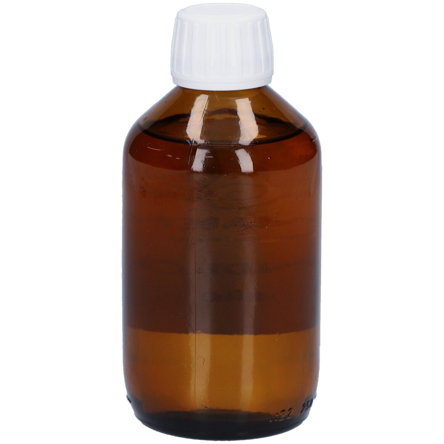 Braune Glasflasche mit weißem Verschluss. Keine Etiketten sichtbar.