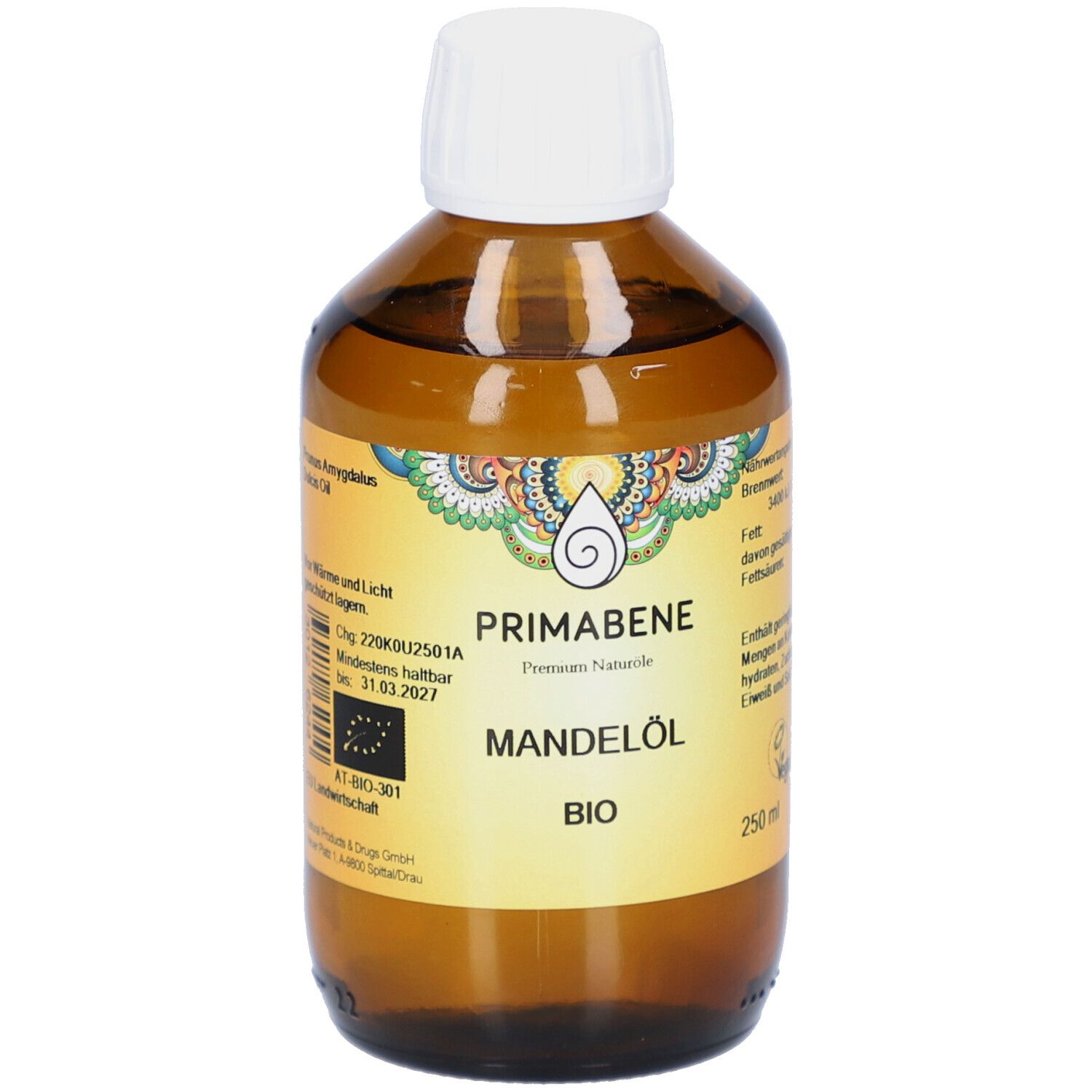 Braune Glasflasche mit weißem Verschluss. Etikett mit PRIMABENE, Mandelöl BIO und 250 ml. EU-Bio-Logo.