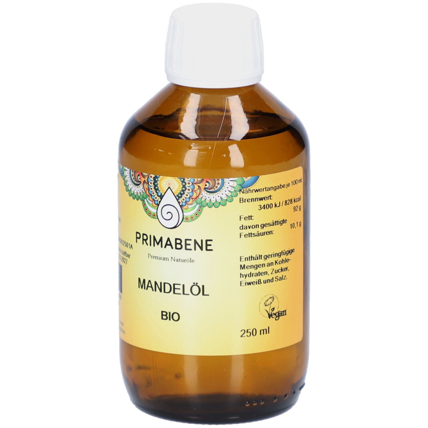 Braune Glasflasche mit weißem Verschluss. Etikett mit PRIMABENE, Mandelöl BIO und 250 ml. Nährwertangaben und Vegan-Logo.