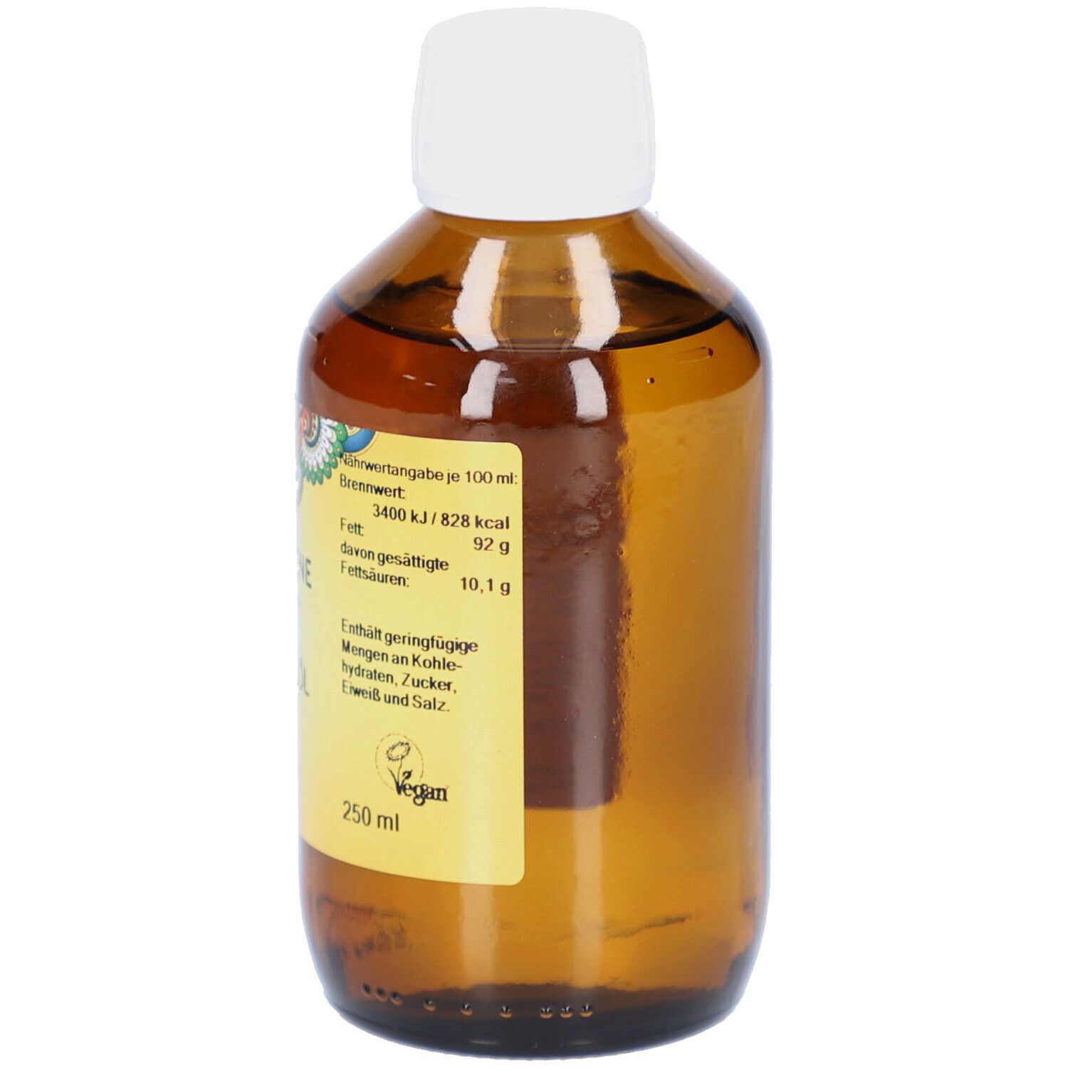 Braune Glasflasche mit weißem Verschluss. Etikett mit PRIMABENE, Mandelöl BIO und 250 ml. Nährwertangaben und Vegan-Logo.