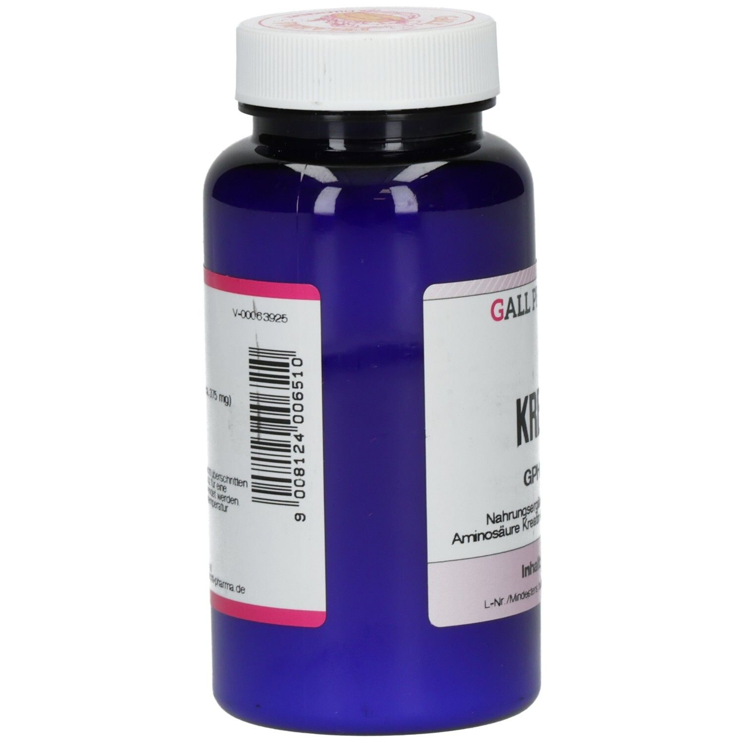 Blaue Flasche mit weißem Deckel. Aufkleber mit Barcode und Text. Marke: GALL PHARMA.