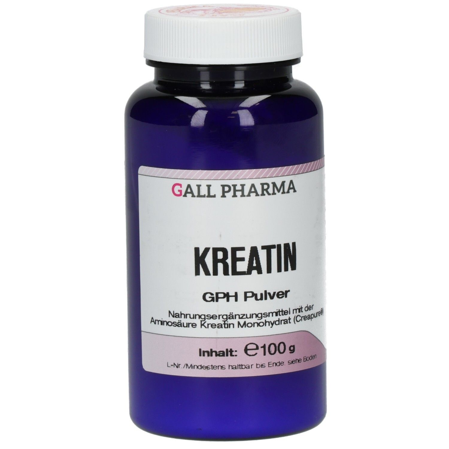Blaue Flasche mit weißem Deckel. Aufschrift: KREATIN GPH Pulver, Inhalt: e100g. Marke: GALL PHARMA.