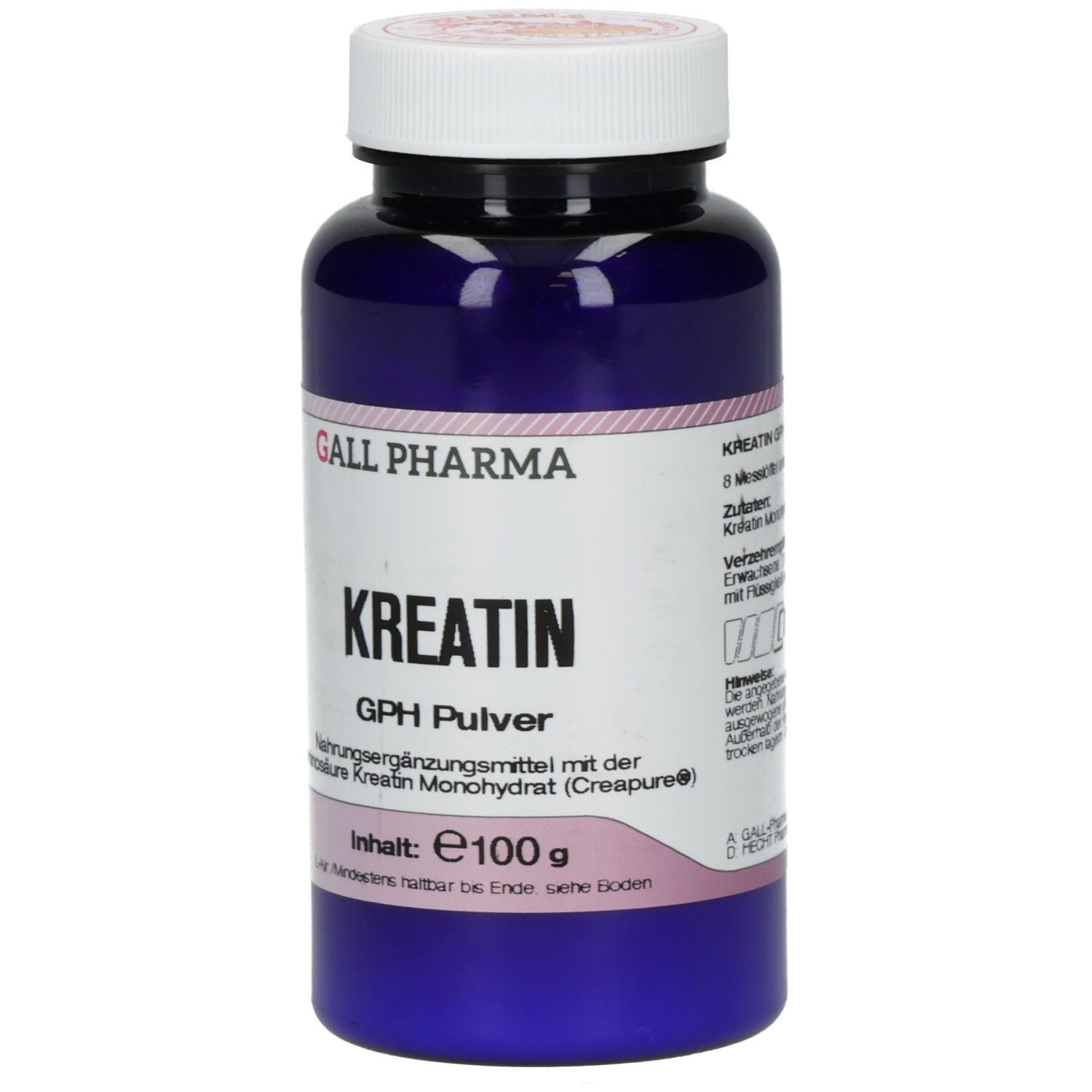 Blaue Flasche mit weißem Deckel. Aufschrift: KREATIN GPH Pulver, Inhalt: e100g. Marke: GALL PHARMA.
