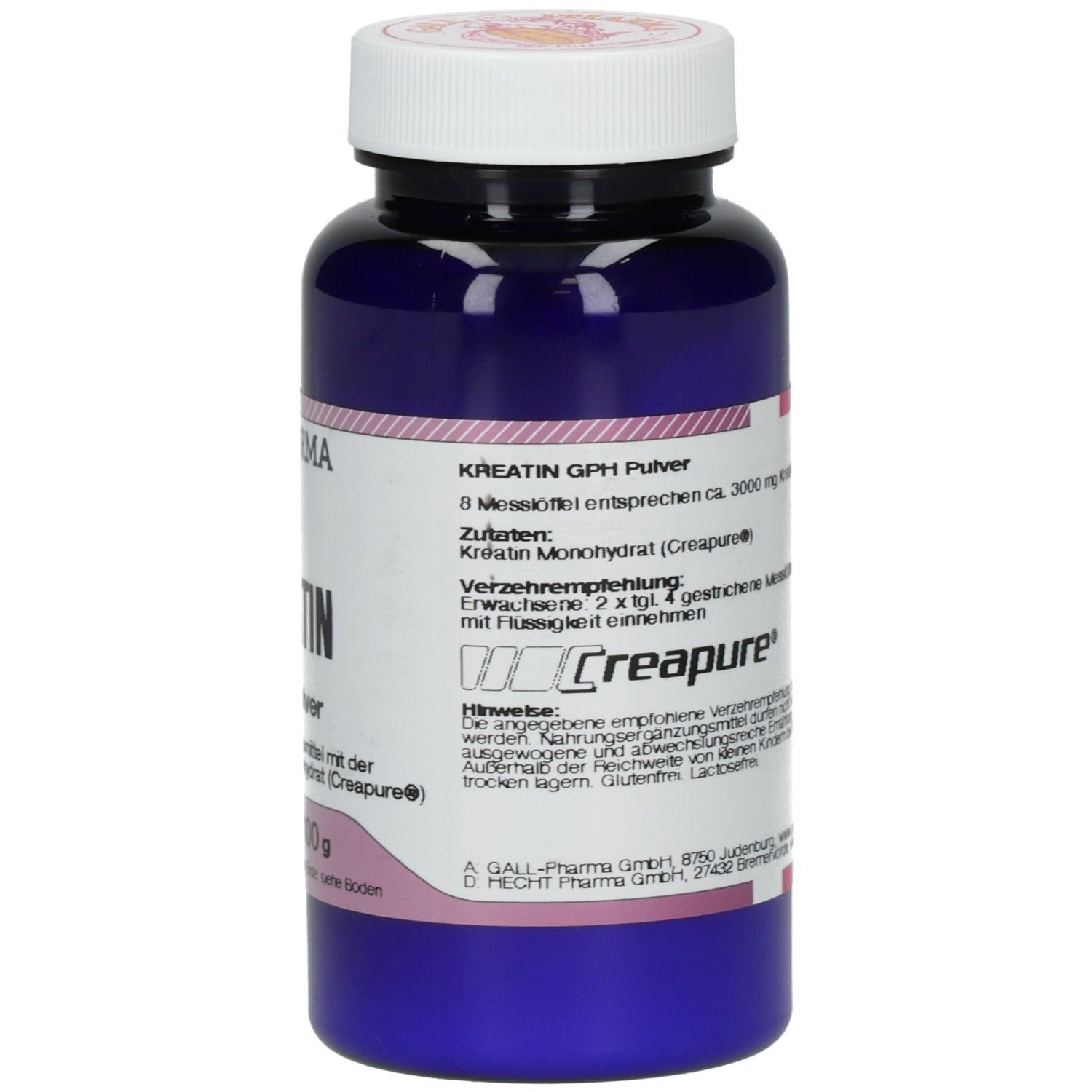Blaue Flasche mit weißem Deckel. Aufschrift: KREATIN GPH Pulver, Inhalt: e100g. Marke: GALL PHARMA.